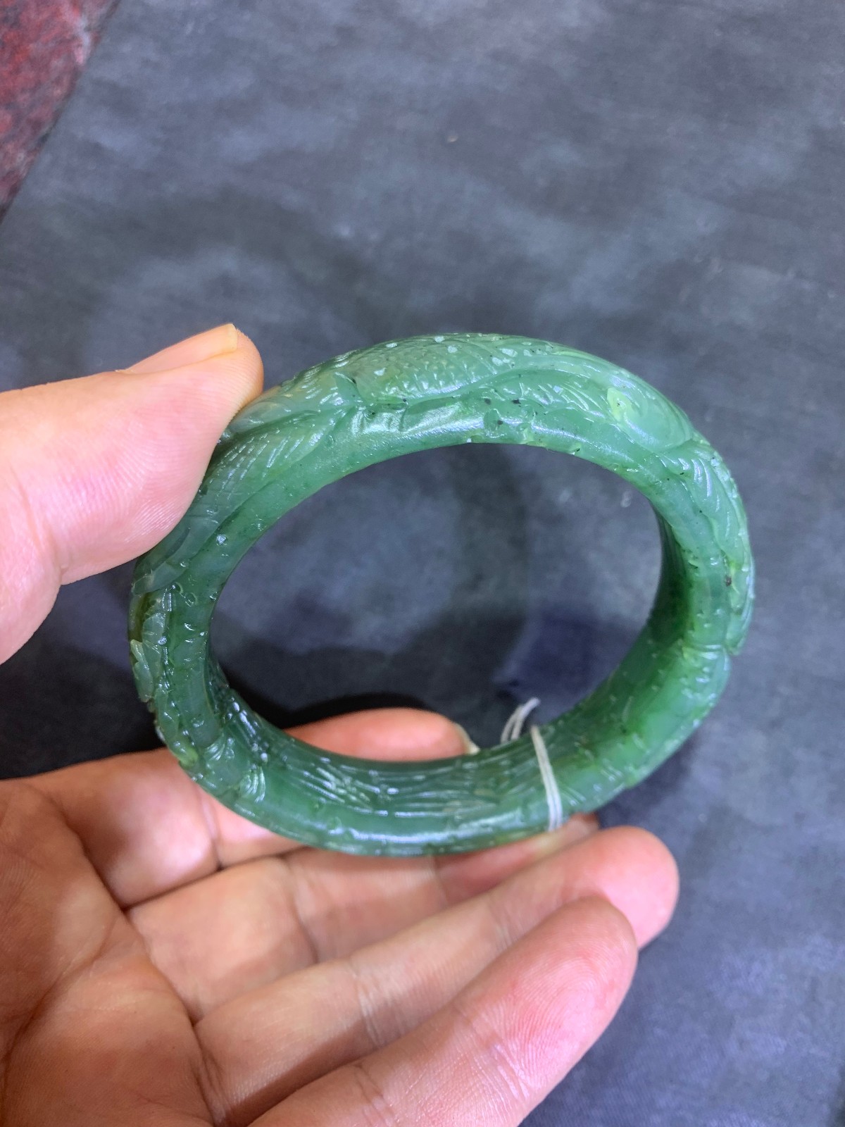Rare Chinese HeTian Green Jade Hand Carved *Phoenix/Flower* Bangle Bracelet
