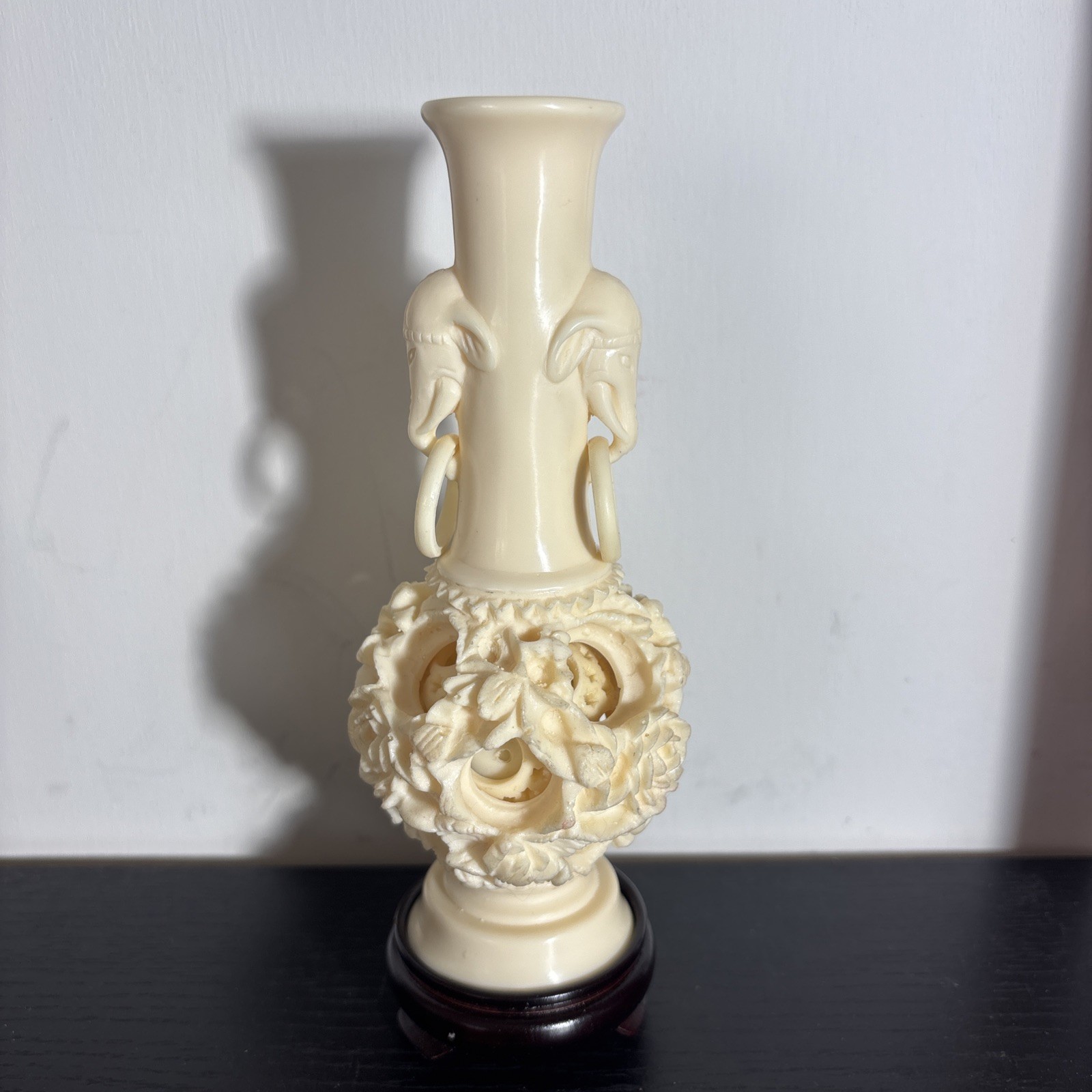 Vintage Chinese Puzzle Ball w/Elephants on Stand Faux Ivory in Plastic Front Box