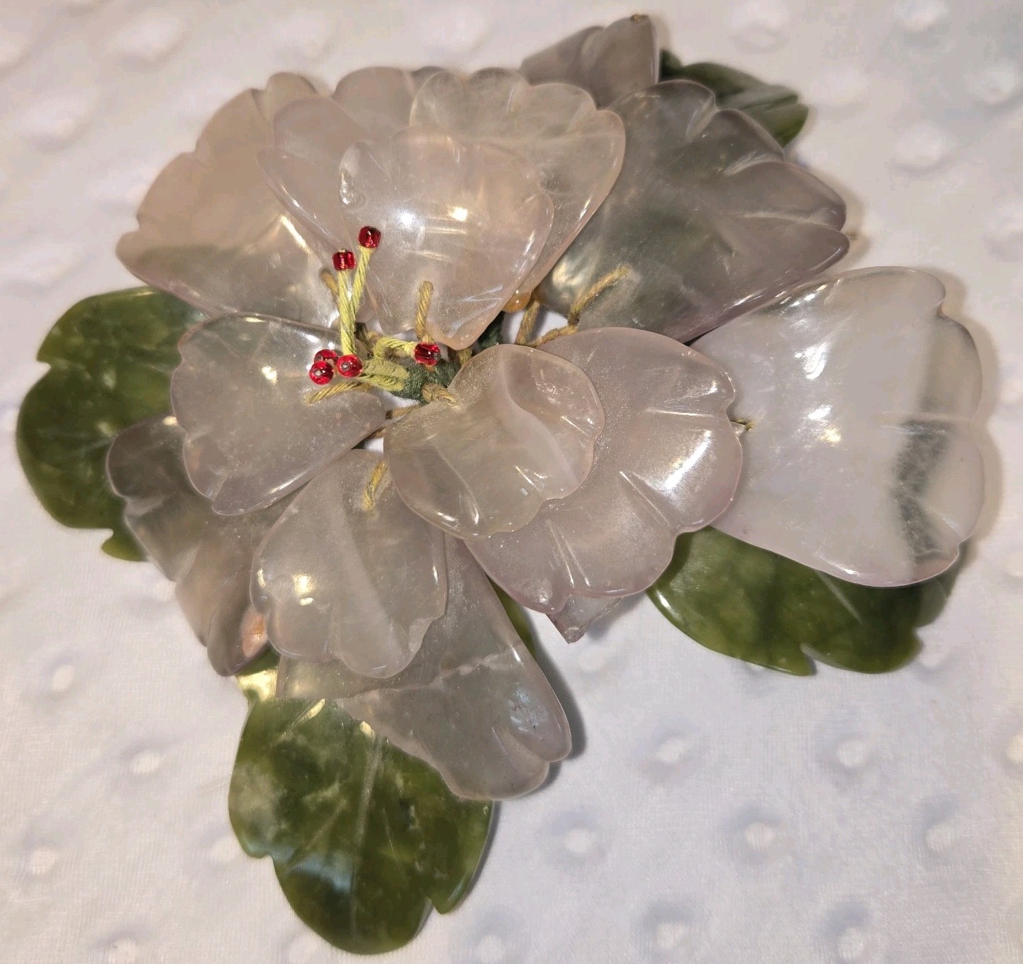 Vintage Oriental Carved Jade & Amethyst Stone Flower