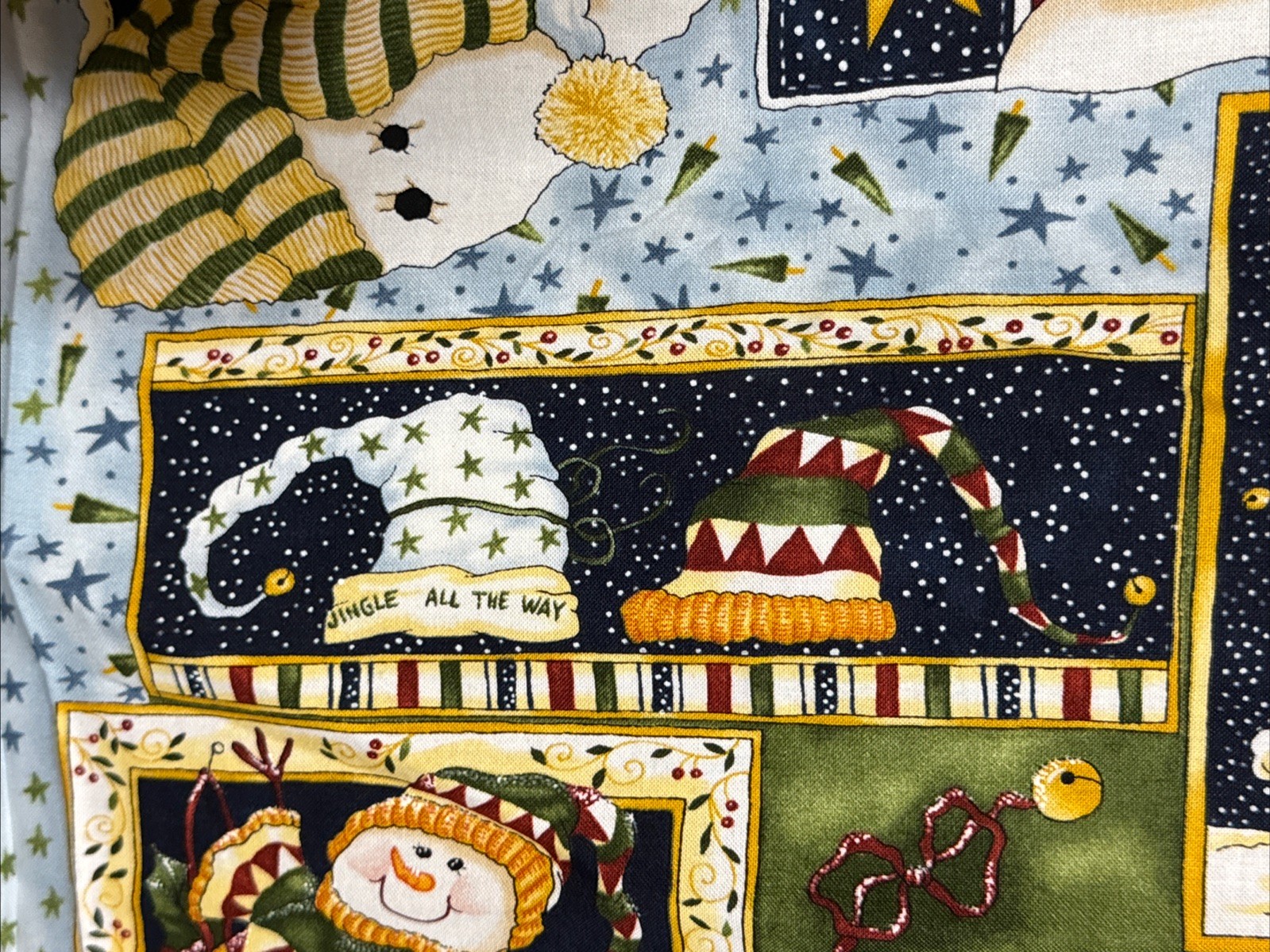 LET IT SNOW PANEL BY DIANE KNOTT SNOWMEN JINGLE BELLS ALL THE WAY w23”x46”
