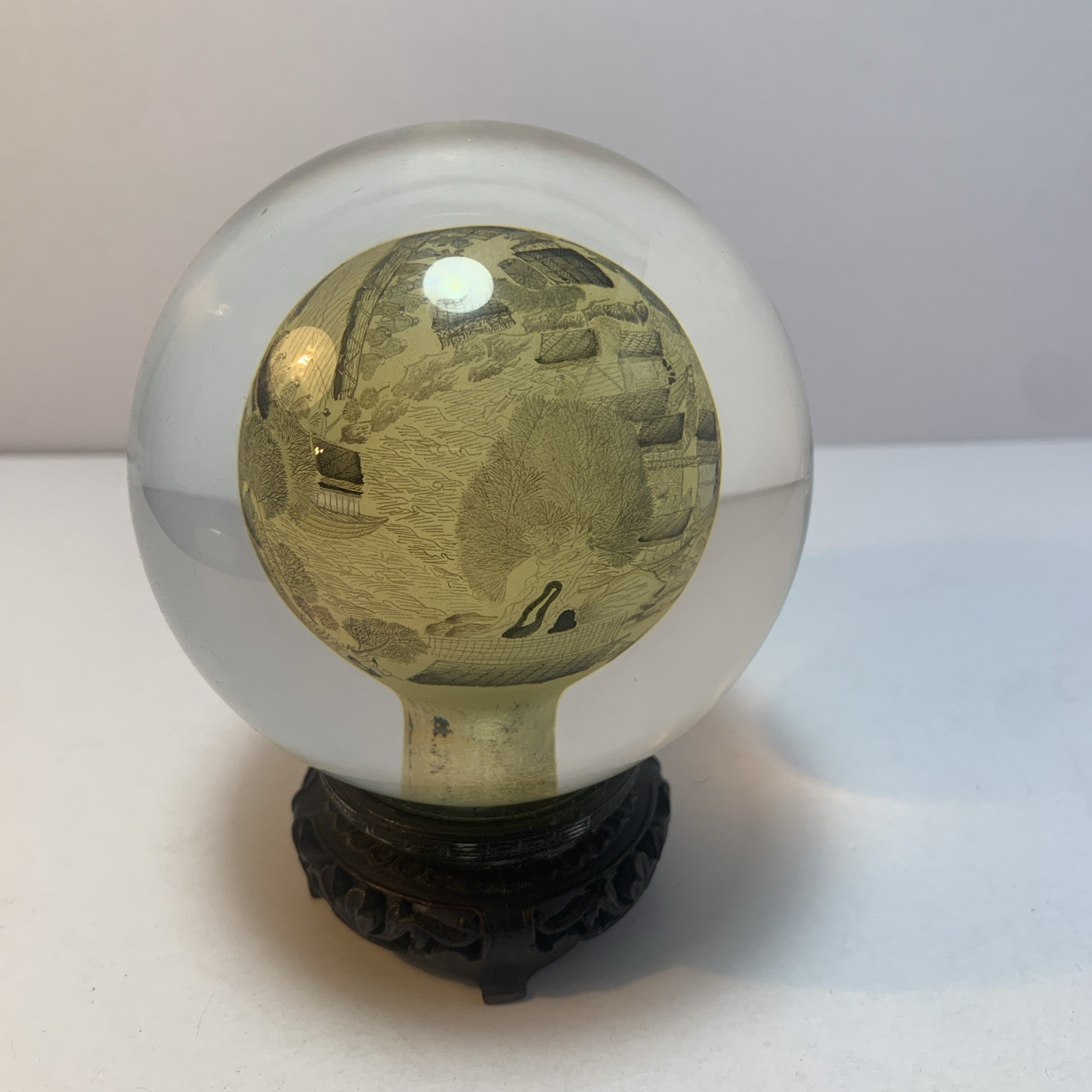 Vintage Chinese Reverse Painted Paper Weight/Stand, 3” Countryside Village Scene
