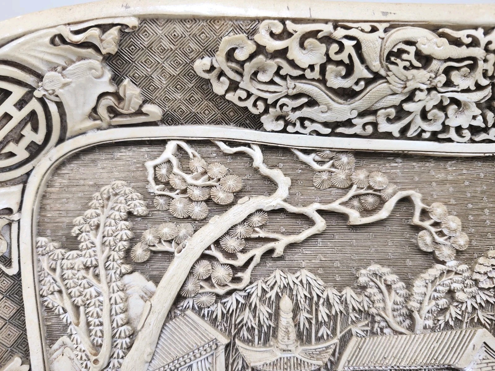 Vintage Asian Carved Look Resin Tray Landscape Figures Scene 14″ x 12″ Chinese