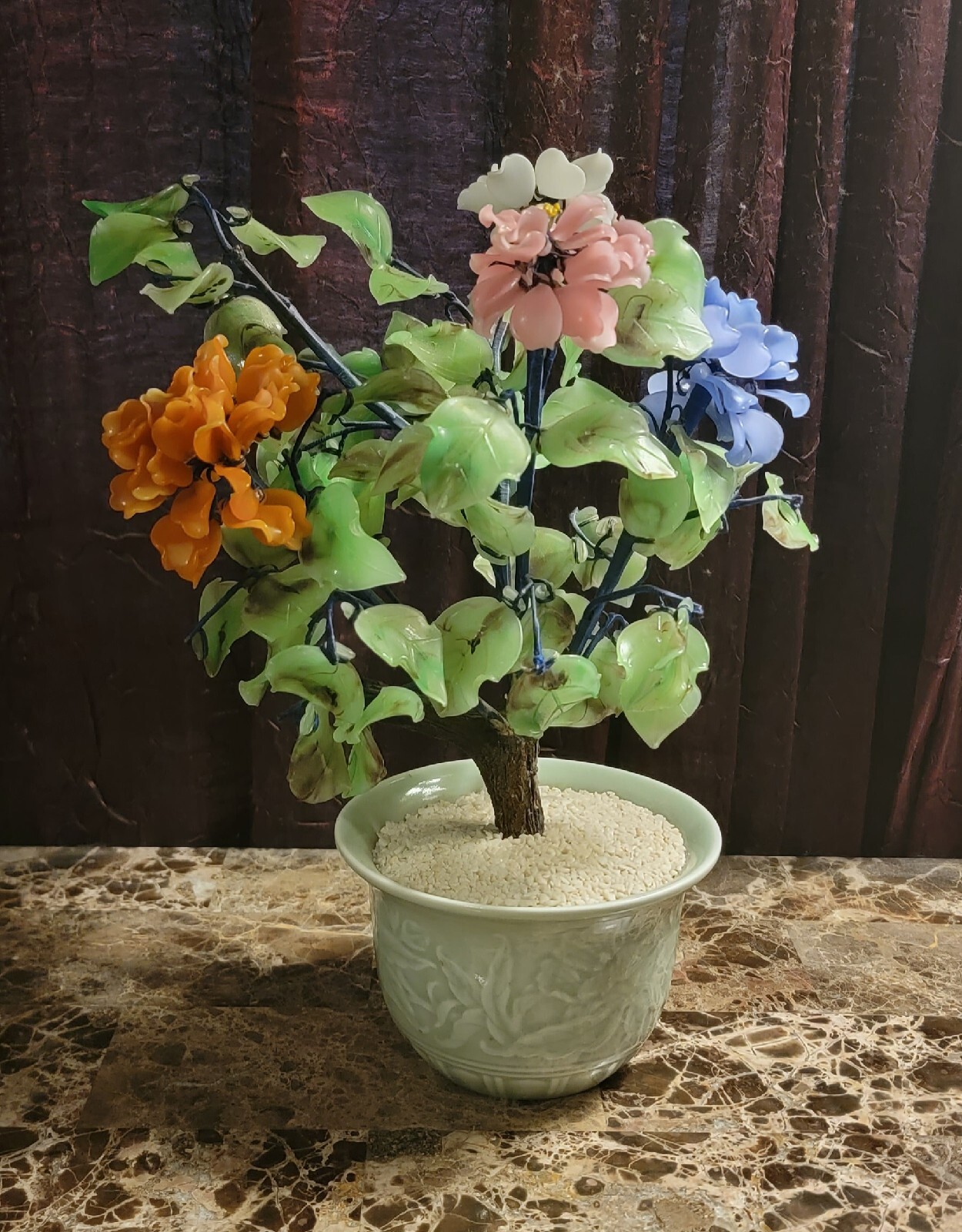 AMAZING CHINESE ANTIQUE JADE BONSAI TREE MULTI COLOR FLOWER BLOSSOMS VTG HEAVY