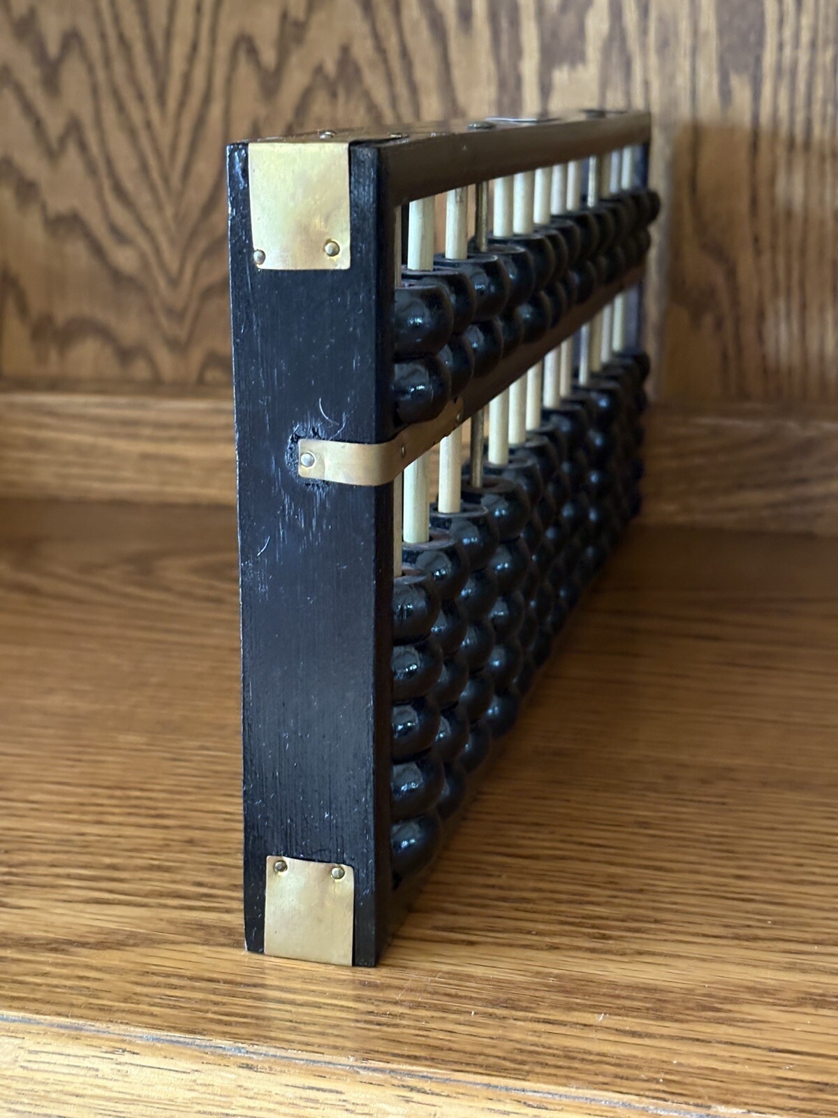 Vintage Zhejiang Chinese Black Wooden Abacus 13 Rods 91 Beads Brass Accents GVC