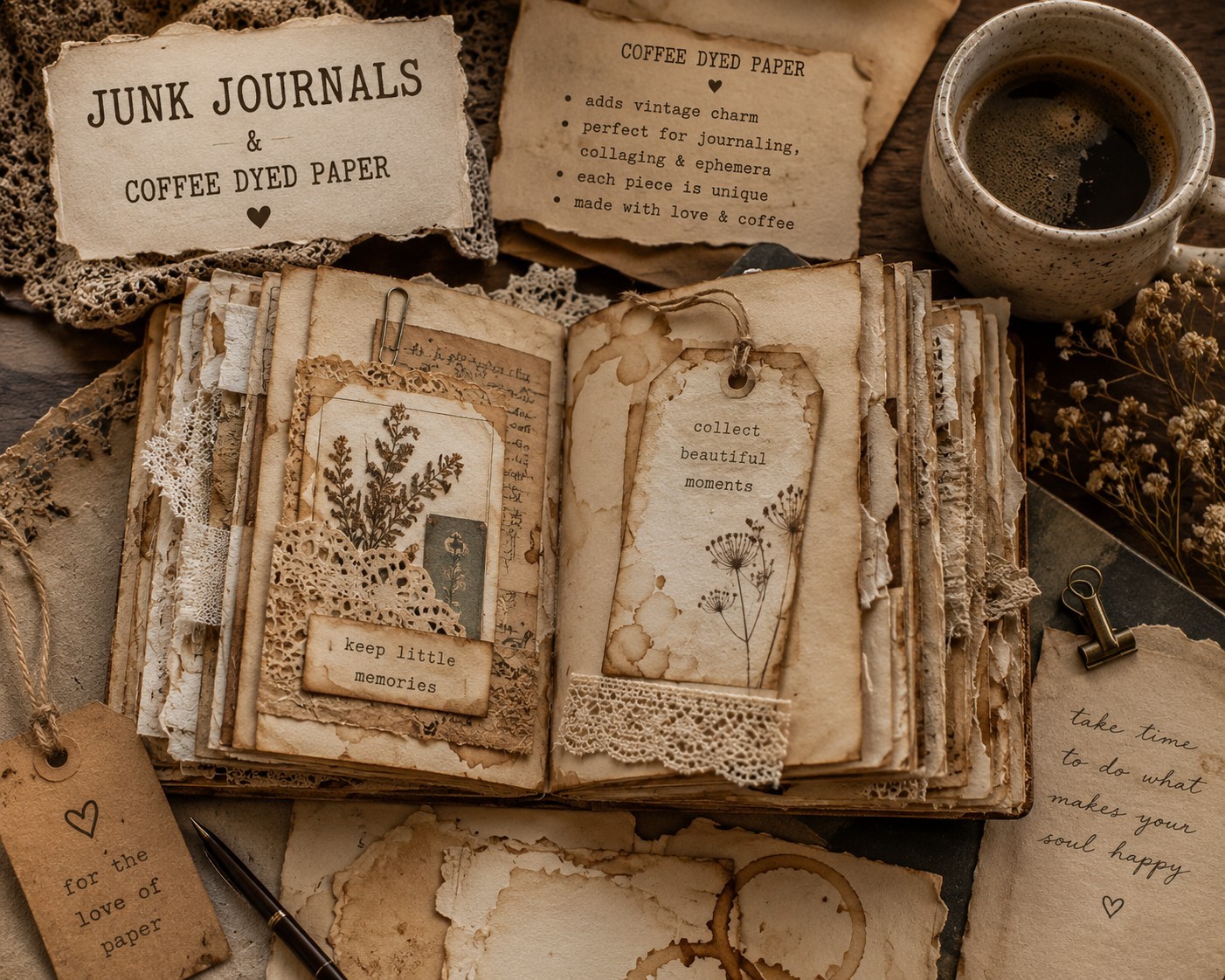 Coffee Dyed Paper Pack Vintage Aged Paper for Junk Journals Scrapbooking Crafts