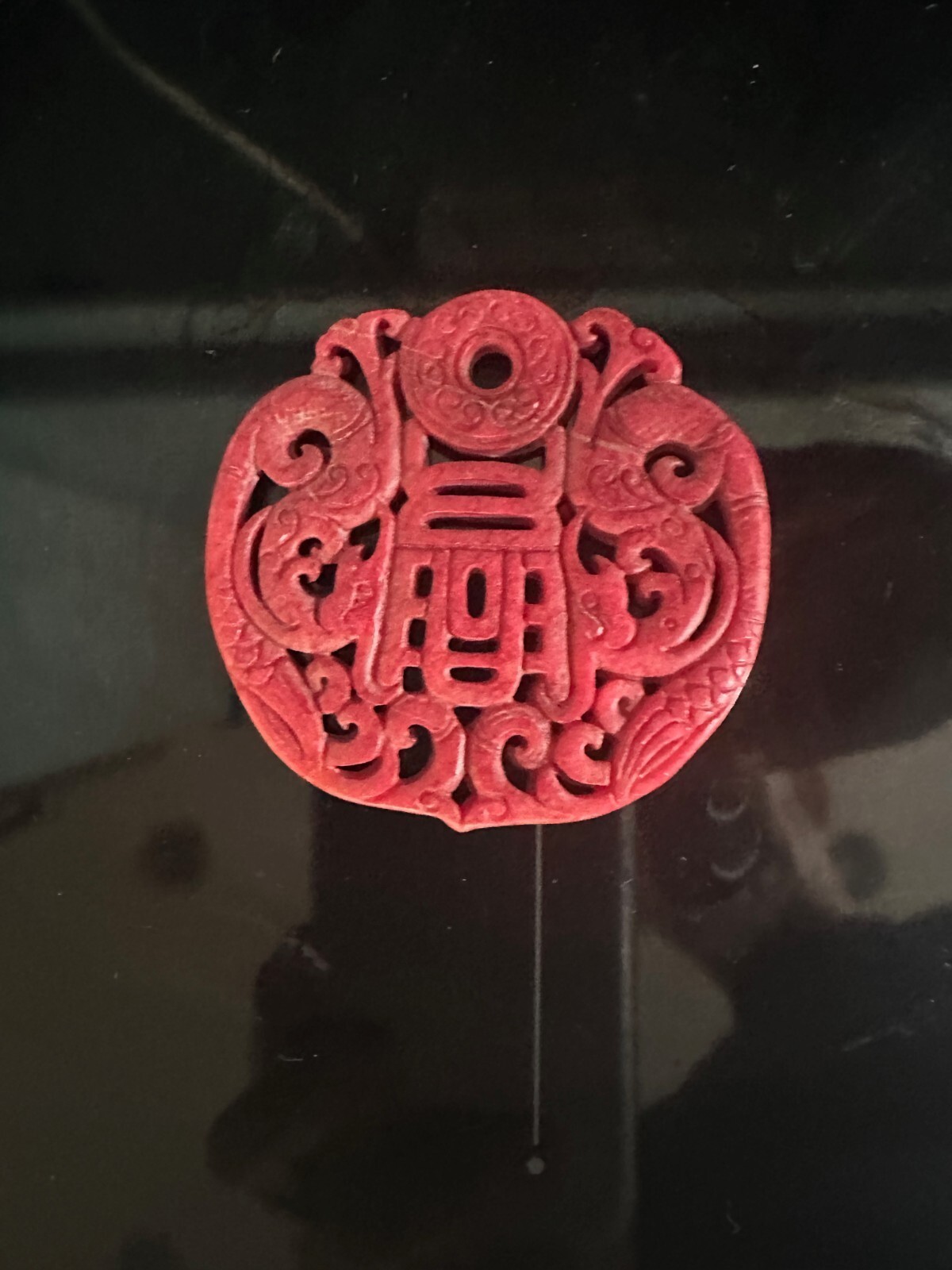 Chinese Red Cinnabar Crystalline Disk – Five Blessings Longevity Pendant