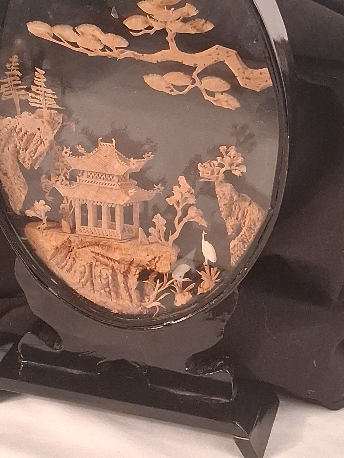 San You Chinese Carved Cork Diorama Glass Case Cranes Pagoda Trees 8 Inch