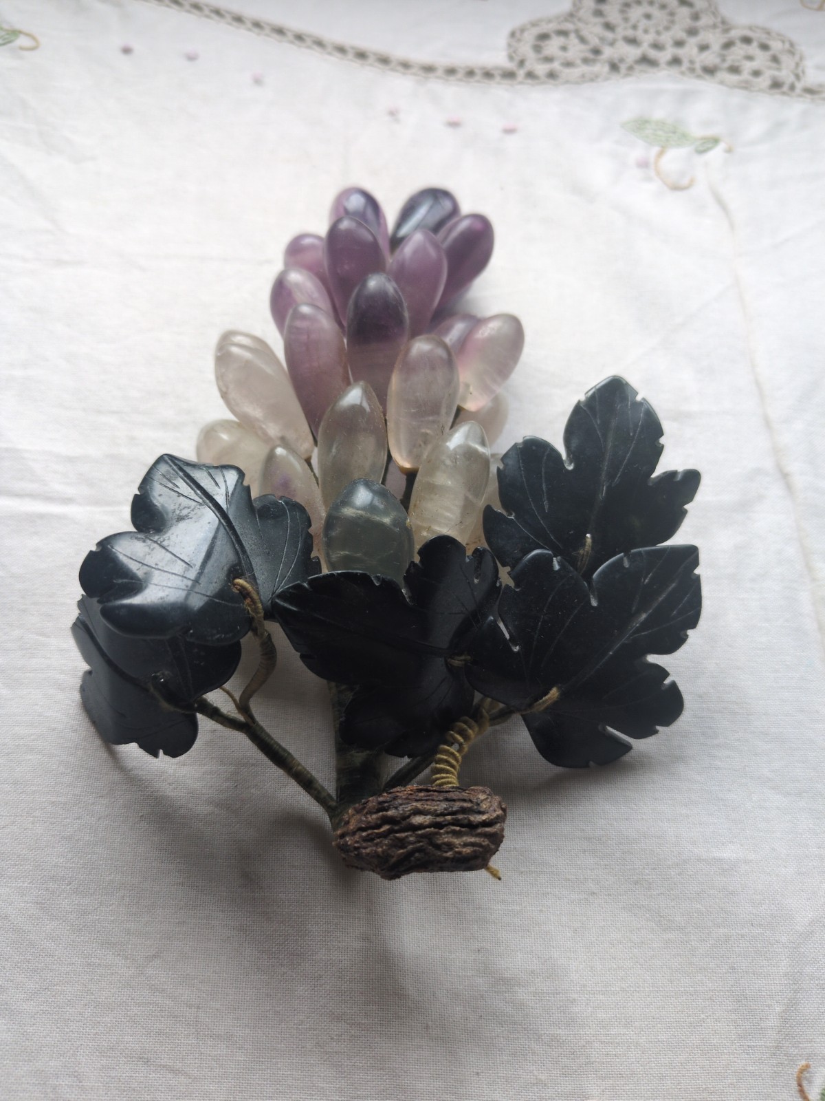Vintage Chinese Carved Rose-Quartz, Amethyst Grape Cluster With Jade Leaves 7″