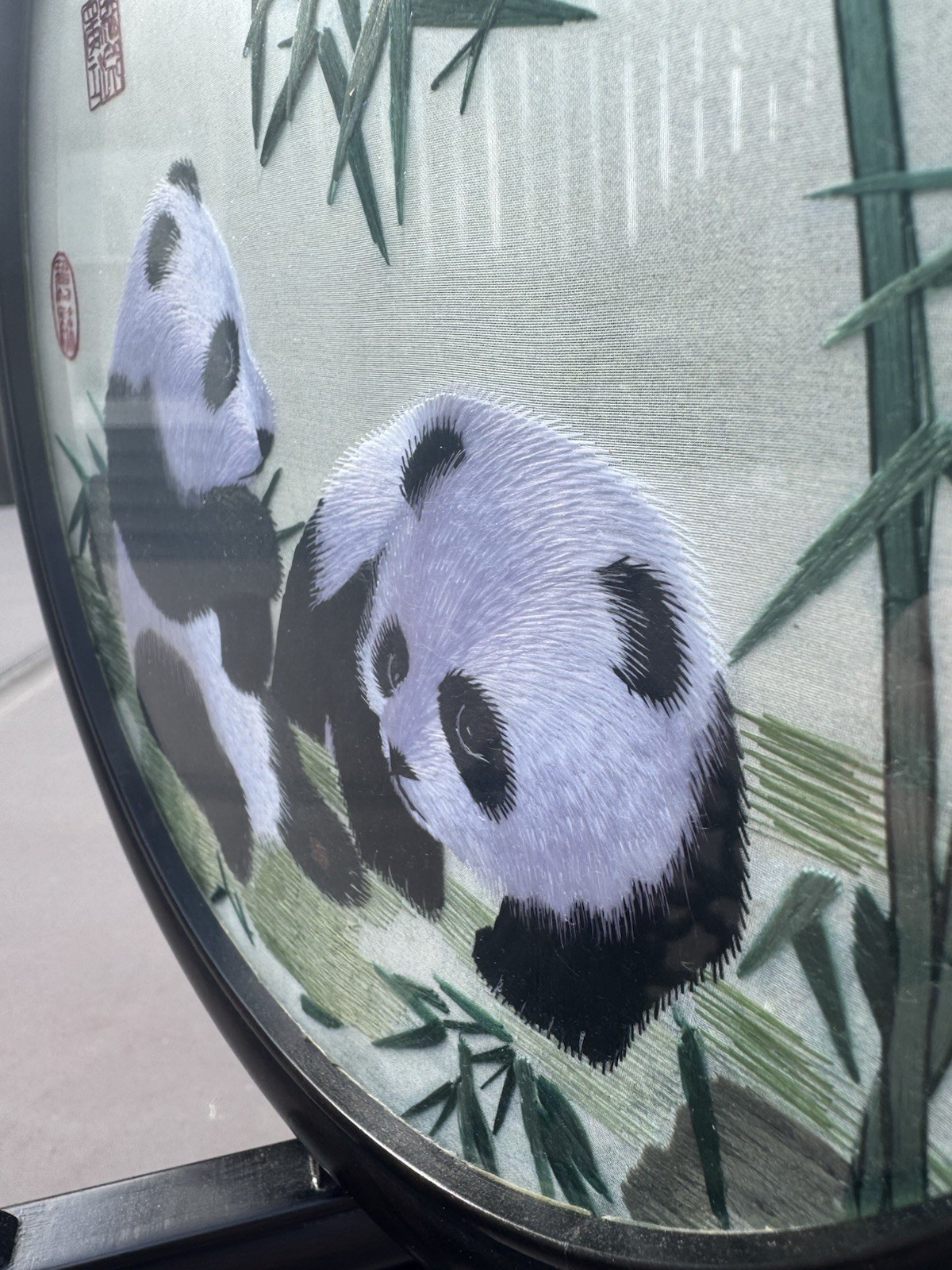 Doubled Sided Asian Silk Embroidered Pandas In Lacquer Rotating Wood Frame Stand