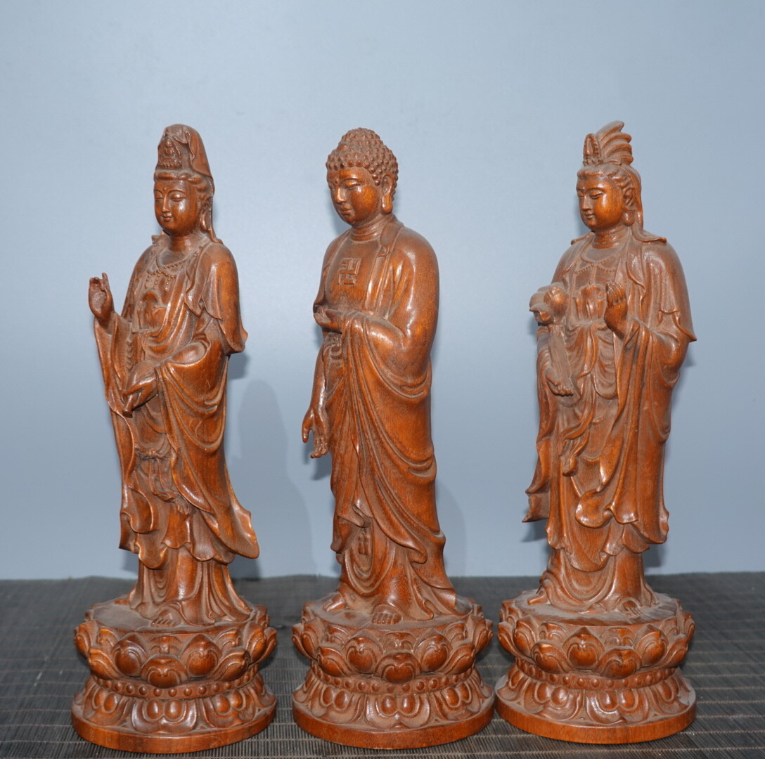 11.4″ China Box-wood West Three Saints Avalokitesvara Sakyamunim Amitabha Statue