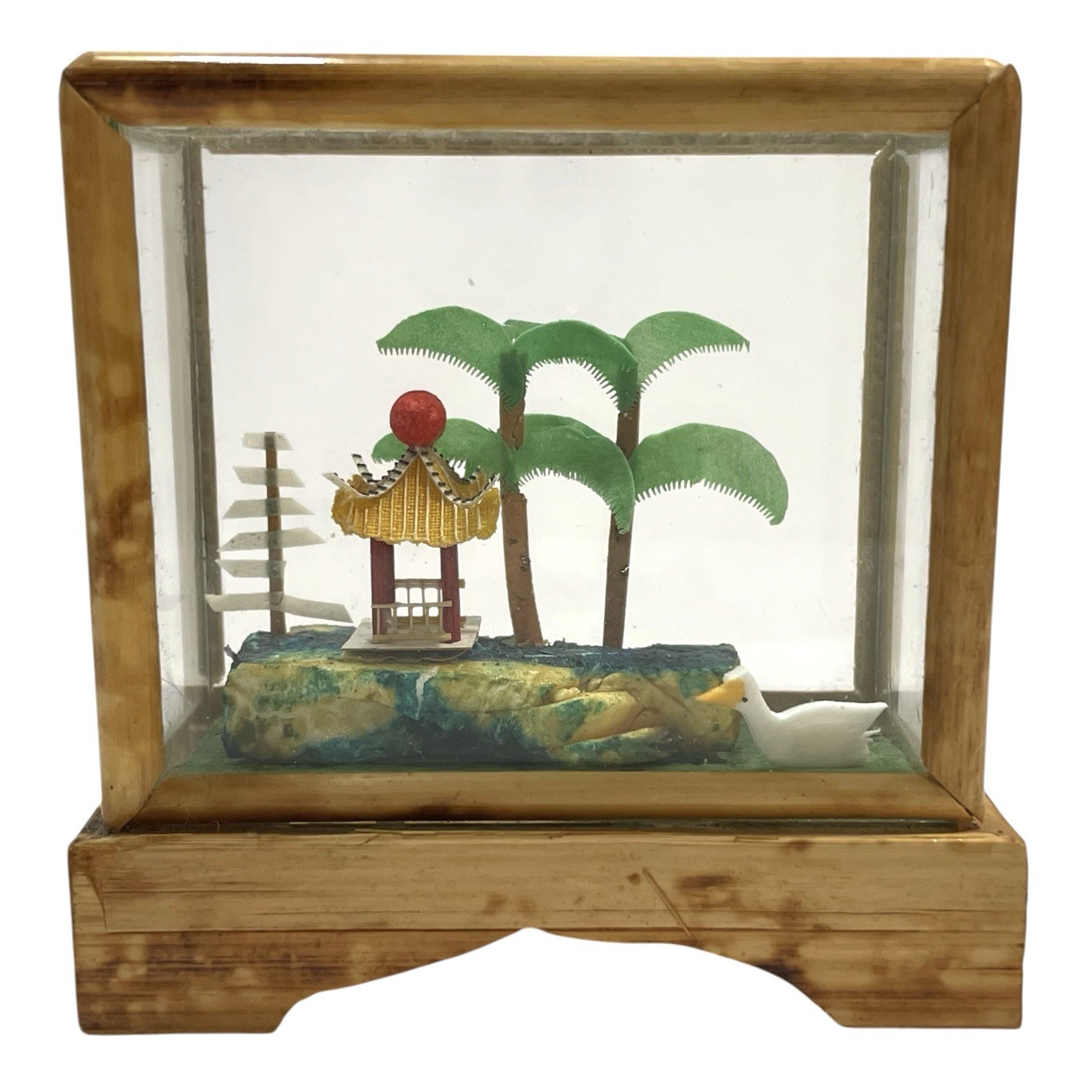 Vintage 1950s Miniature Pagoda Diorama in Bamboo Glass Case – Asian Artwork
