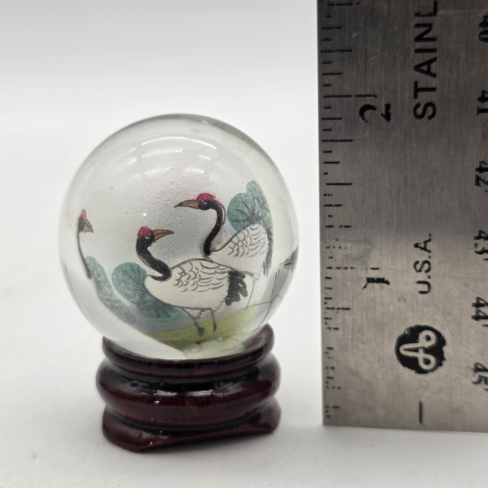 Vintage Reverse Hand Painted Cranes Revolving Sphere Ball Paperweight on Stand