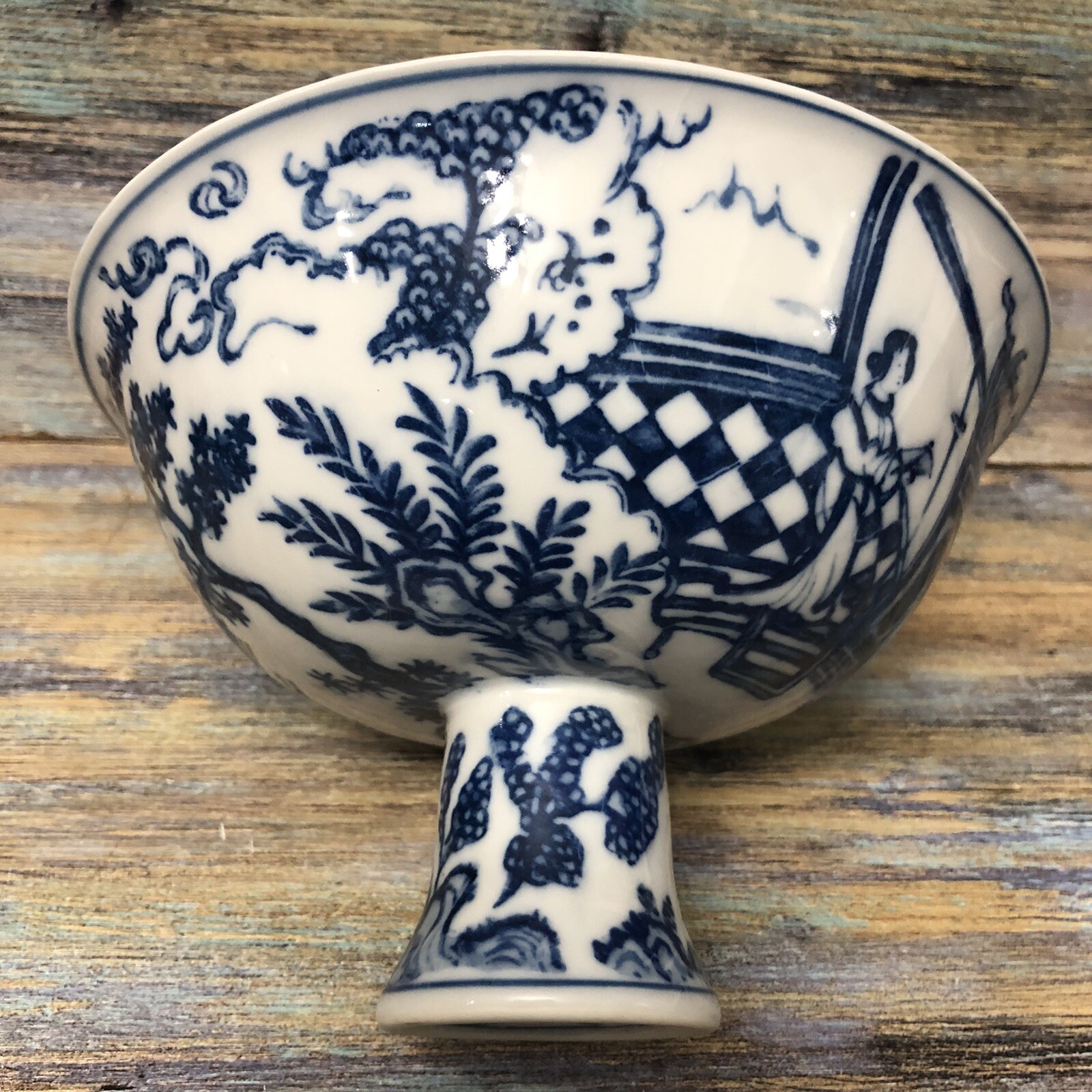 VTG WAN-LI LIMITED EDITION Porcelain Footed Pedestal Bowl 152/1000 White & Blue