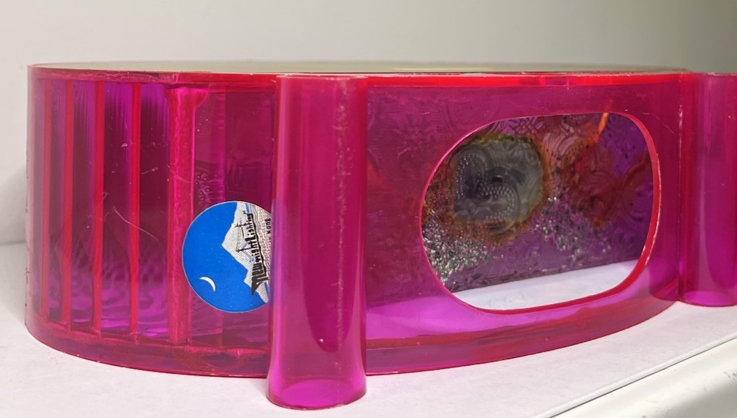Pink Plastic Oval Case Diorama Birds Tree Mirrored Made in Hong Kong