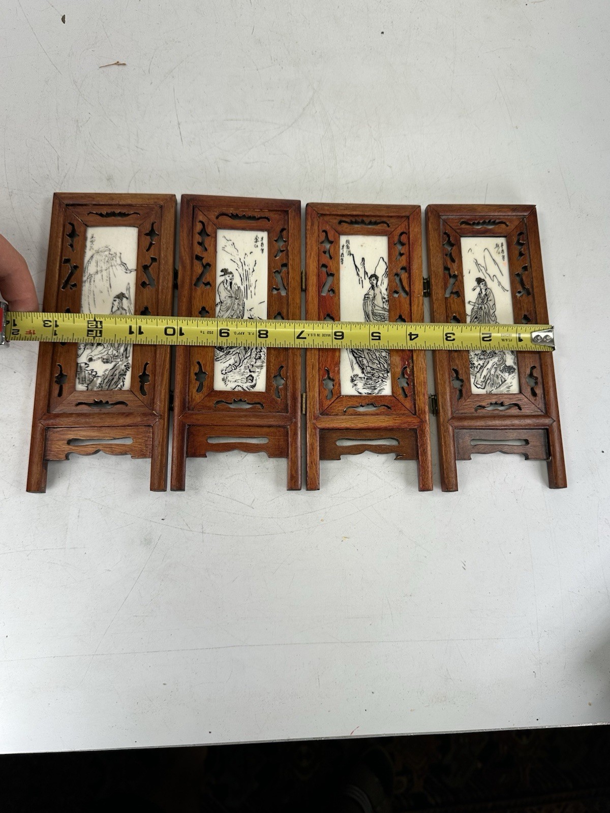 Antique Chinese 1900s 4 Panel Hand-Painted Mini Folding Screen Carved Engraved