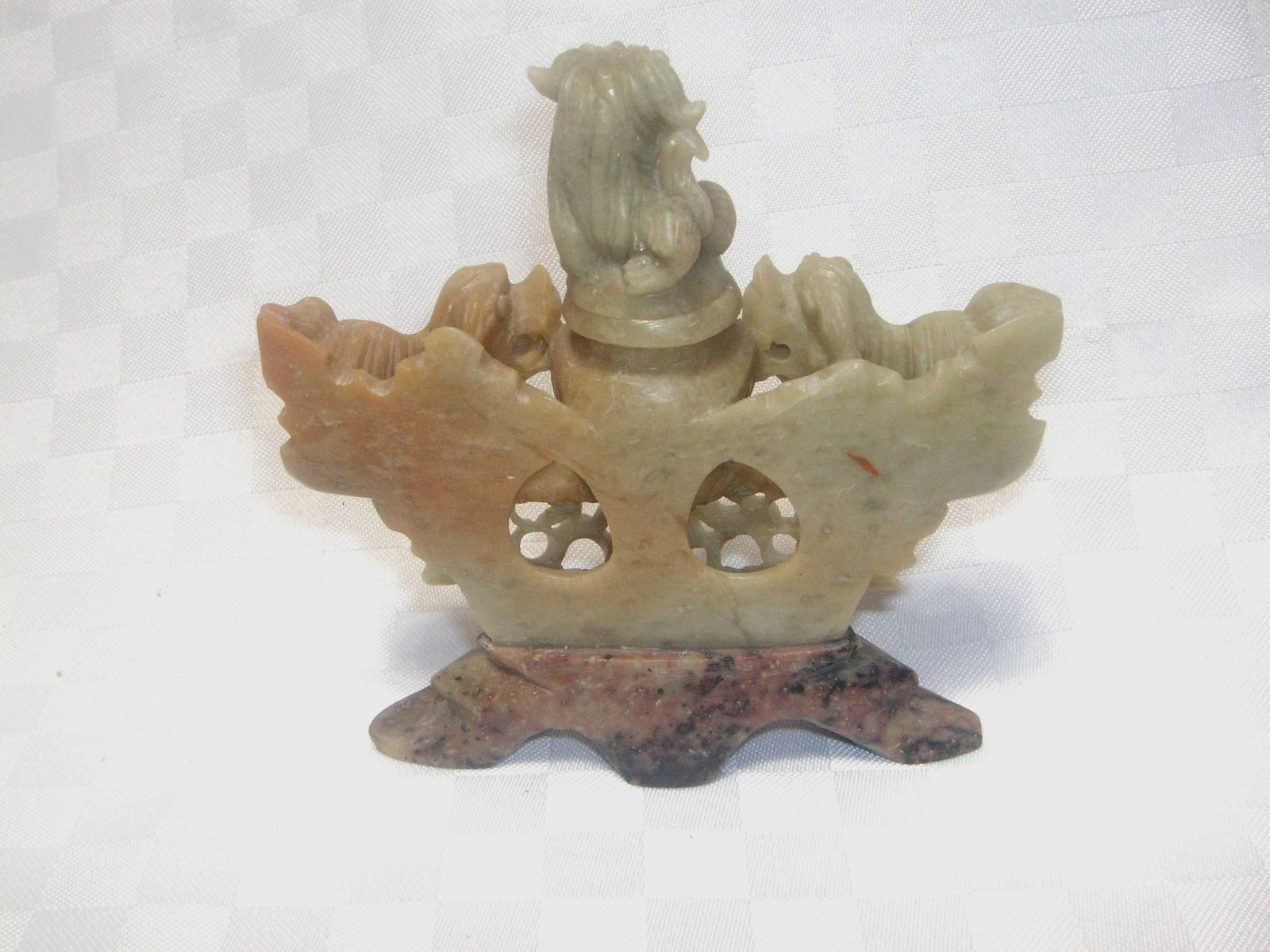 VINTAGE, PROBABLY CHINESE, SOAP STONE INCENSE BURNER WITH FOO DOGS, CARVINGS