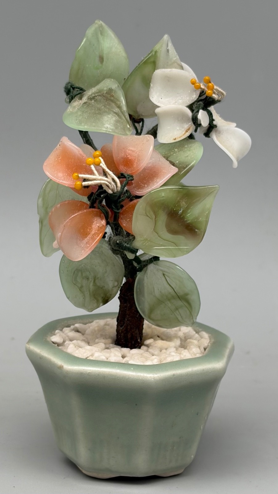 Vintage Miniature Chinese Bonsai Tree Carved Flowers & Leaves Jade 5 1/4″