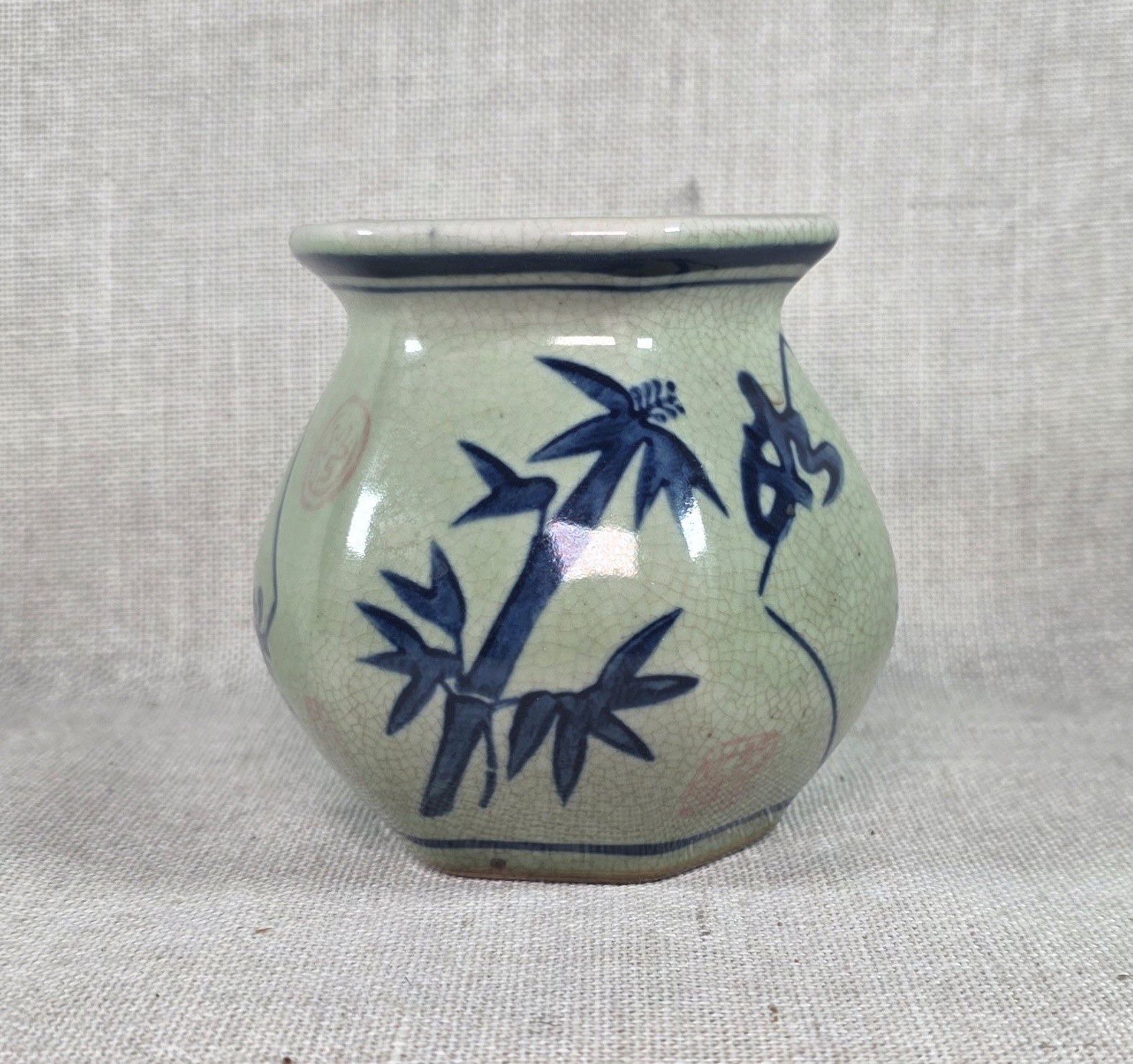 Vintage Chinese Style Celadon Crackle Glaze Bamboo Ceramic Cachepot Planter 3.5″