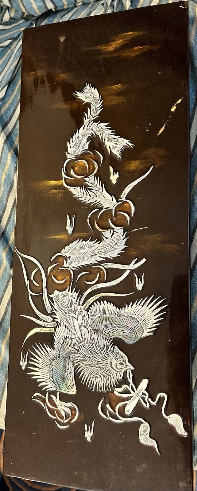 Asian Lacquer Panel Mother of Pearl Inlay Bird Plumage Vintage Wall Art Oriental