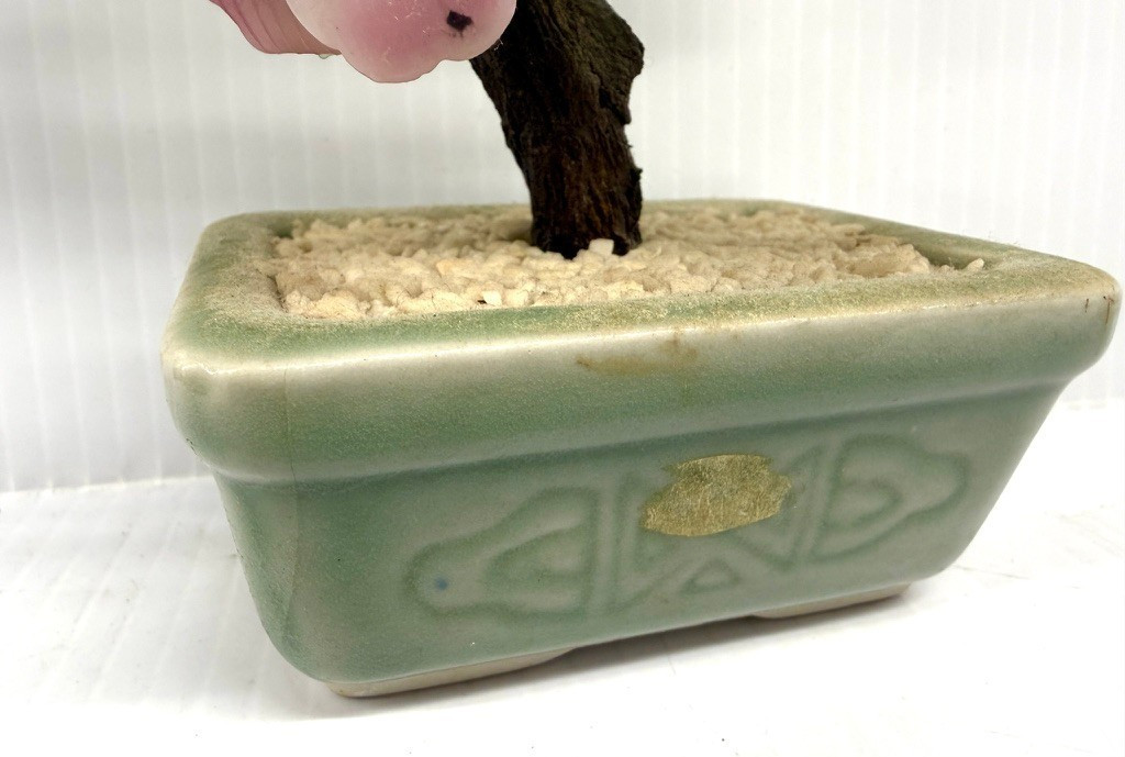 Vintage Jade Glass Cherry Blossom Bonsai Tree Pink Flowers 8” Celadon Pot