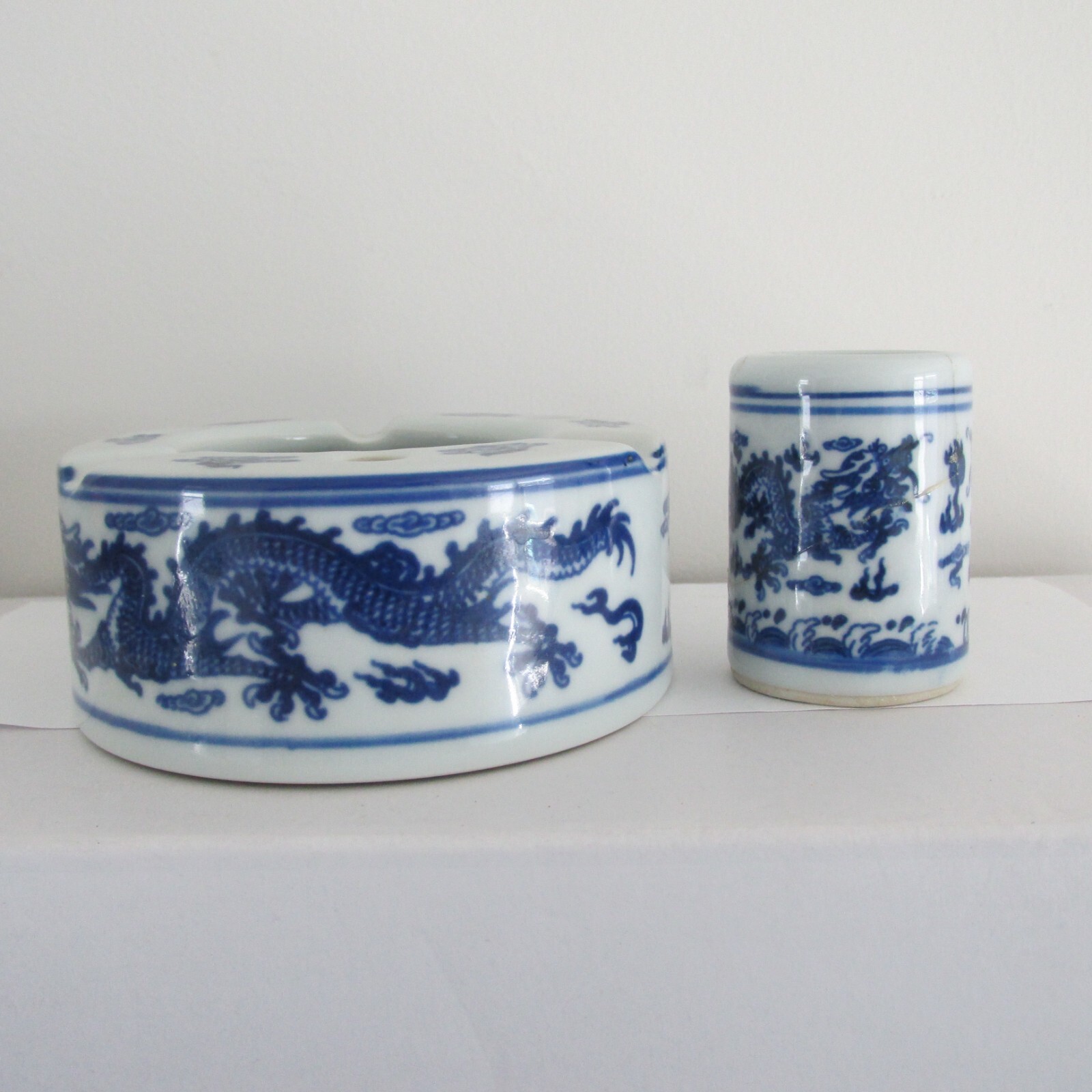 Chinese Jingdezhen Blue & White Porcelain 3 Way Ash Tray + BonusToothpick Holder