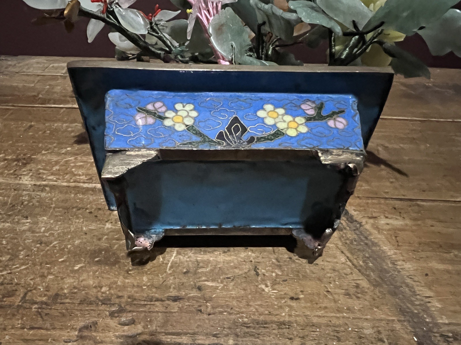 Vintage Chinese Jade Quartz Bonsai Trees In Cloisonne Pots