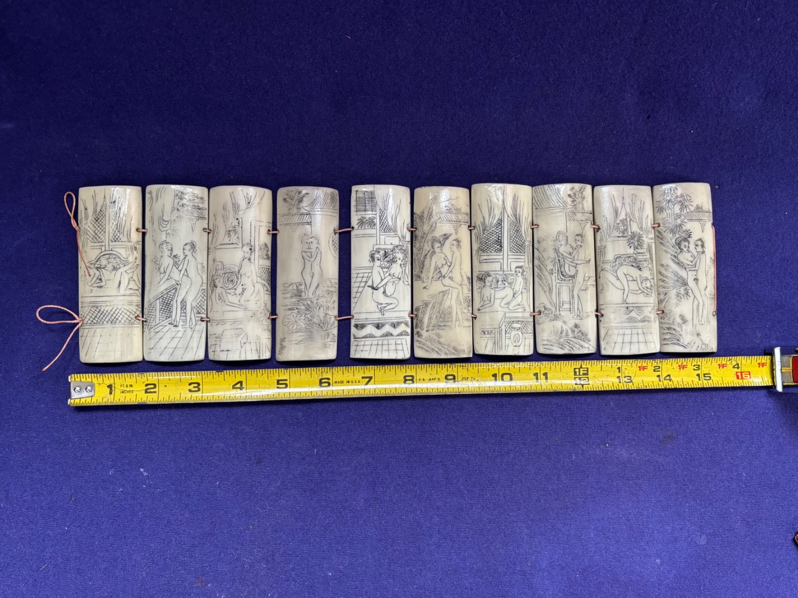 10 ANTIQUE CHINESE SCRIMSHAW SHUNGA PANELS ETCHED EROTICA ON BONE PILLOW BOOK