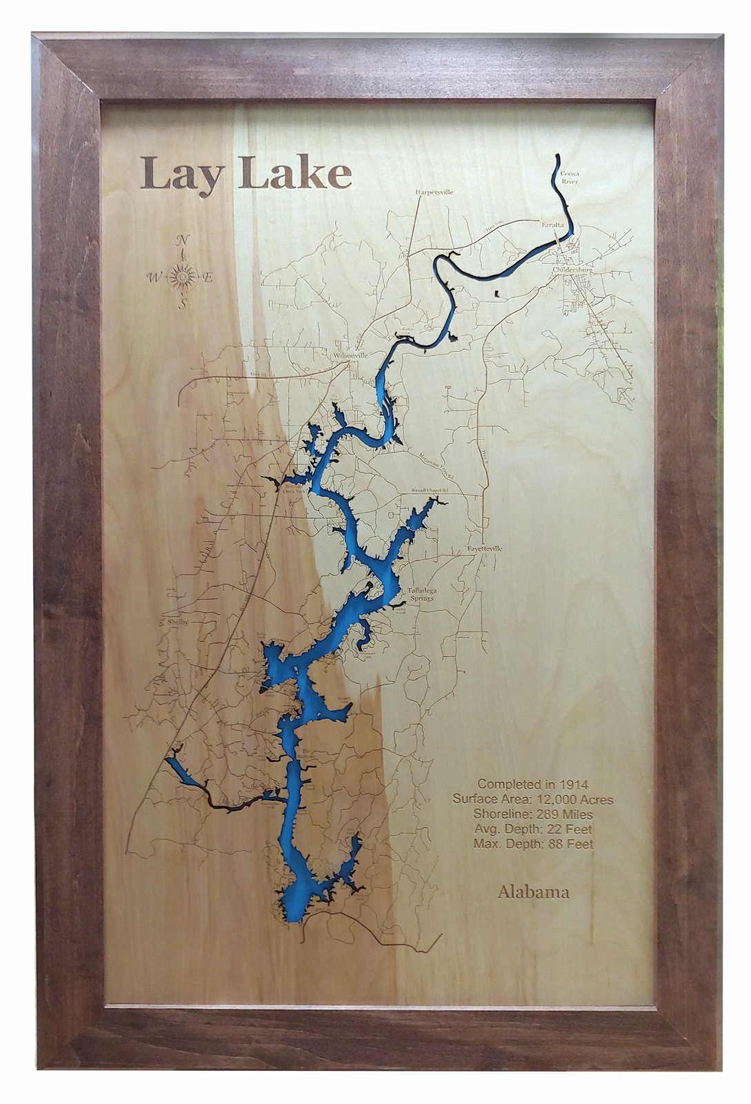 Lay Lake, AL – Laser Cut Wood Map | Wall Art | Made to Order