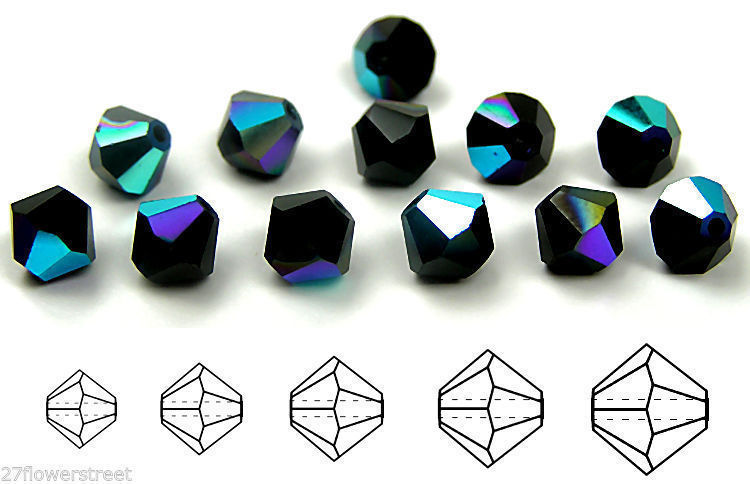 Czech Bicone Crystal Beads Jet black AB Rondelle Diamond 3-4-5-6-8mm