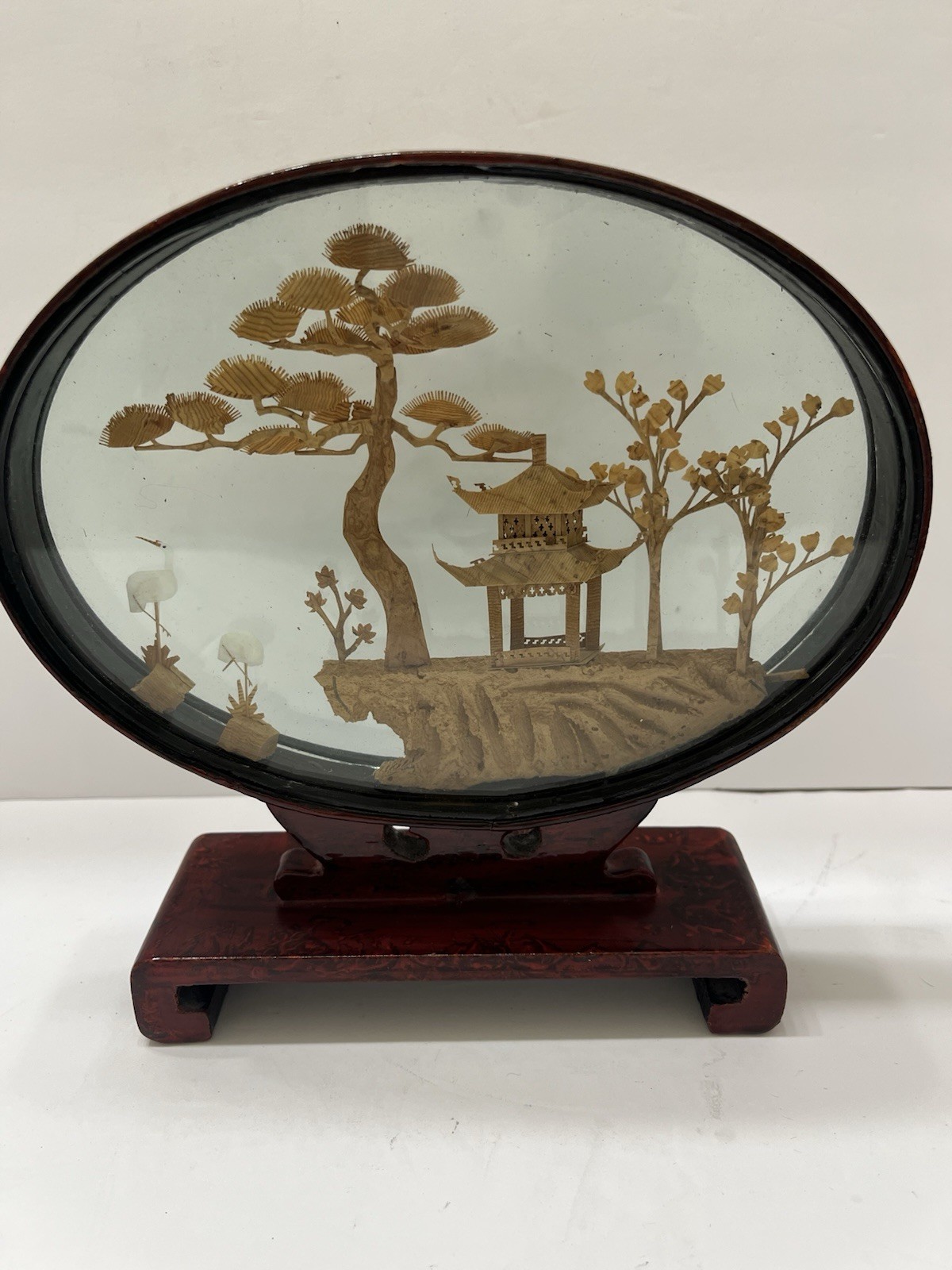Vintage Chinese Hand Carved 3D Cork Diorama Framed Trees Pagoda Silk Crane 8×8”