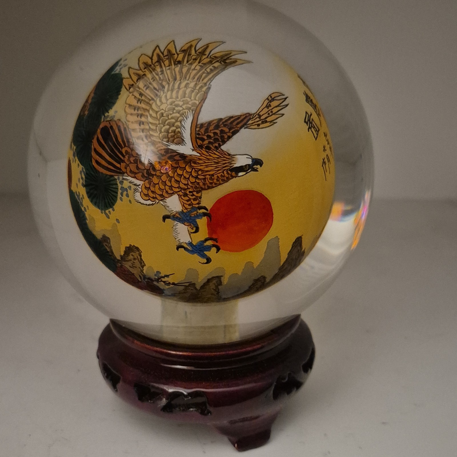Large 4.5″ Vintage 1997 Chinese Inner-Painted Crystal Ball-Eagle & Tiger Stand