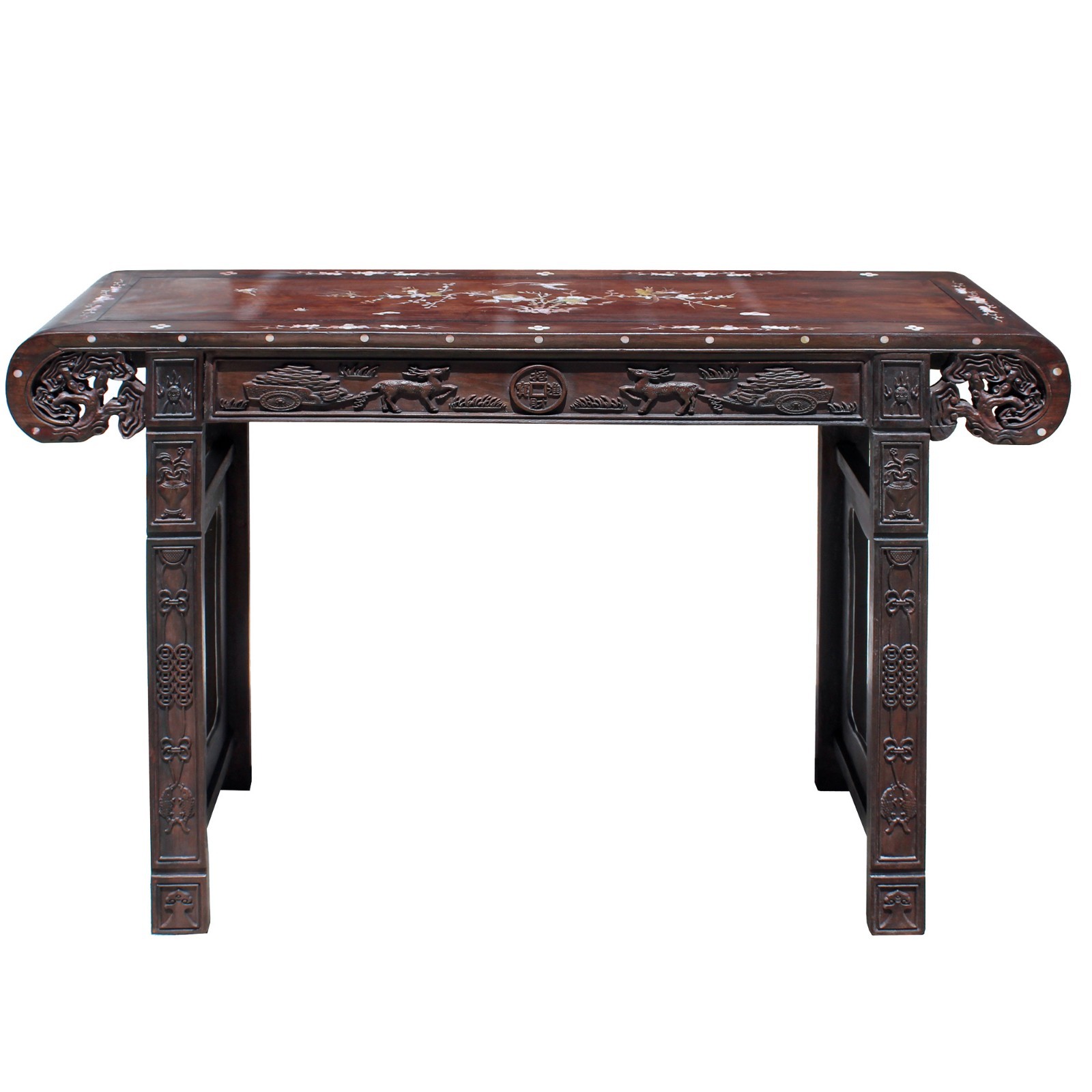 Chinese Brown Huali Rosewood Scroll Inlay Deer Fortune Motif Altar Table cs4227
