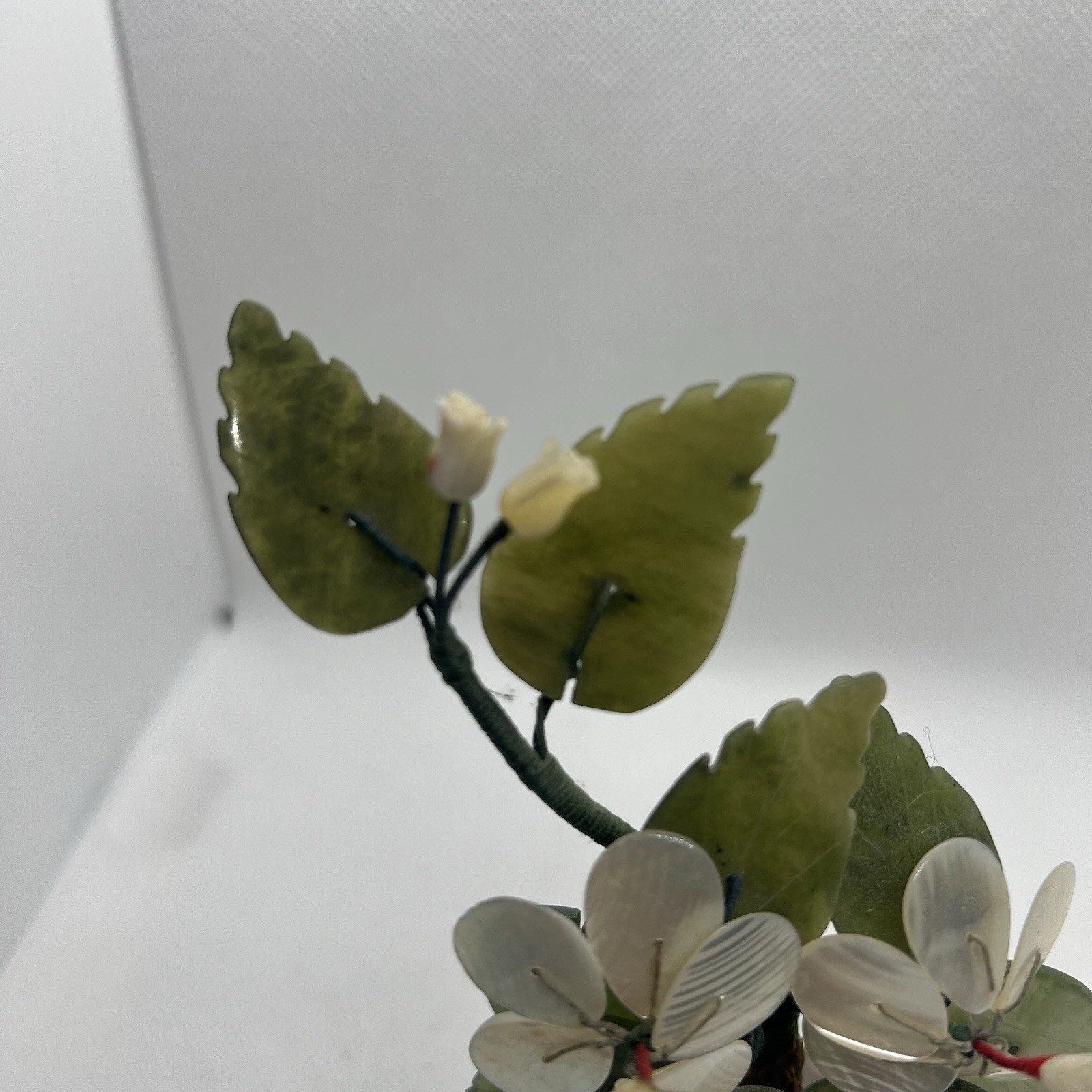 Sweet Small Asian Mother of Pearl & Jade Bonsai Tree Figure in Celadon Green Pot