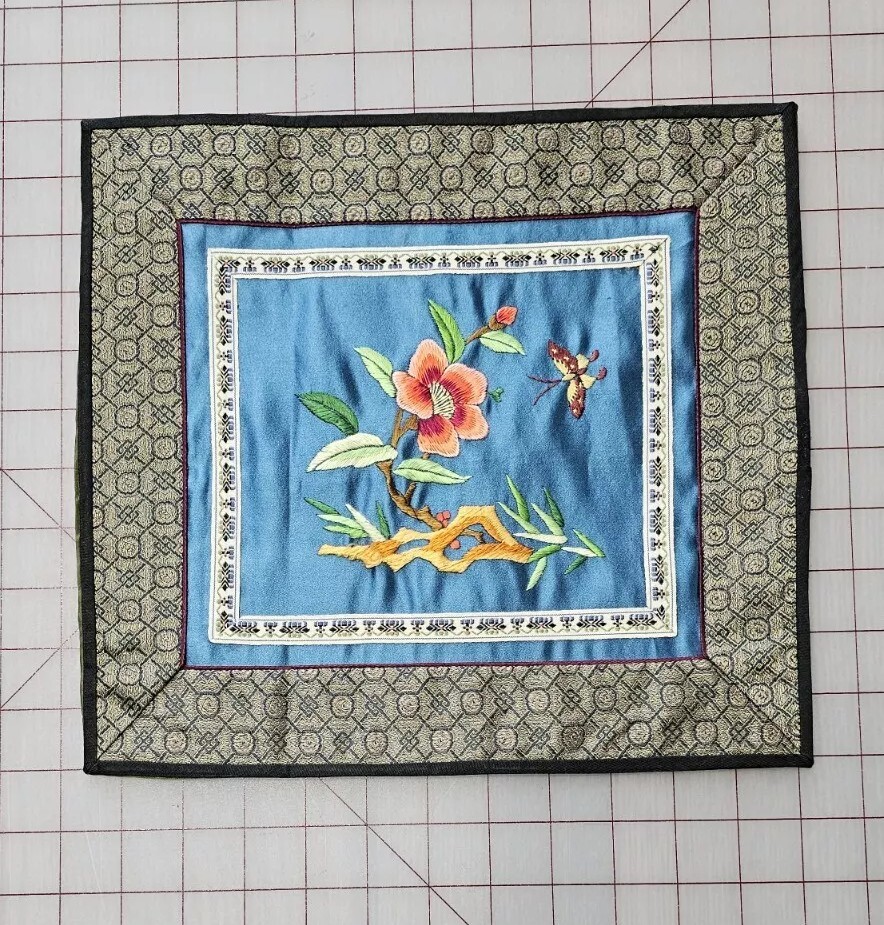 Vintage Chinese Silk Hand Embroidered Tapestry – Orange Flowers, Blue Background