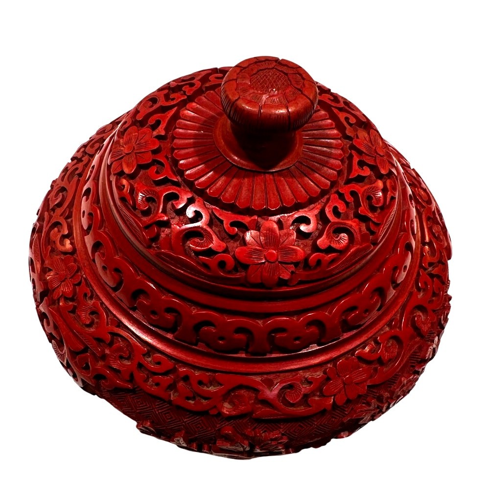 Antique Chinese Cinnabar Ornate Red Trinket Box Blue Enameled Brass Exquisite