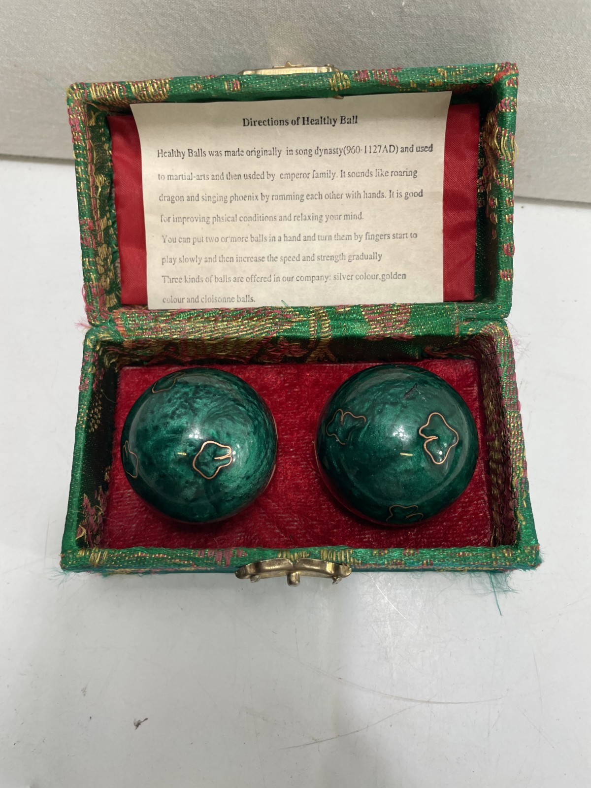 Vintage Chinese Cloisonné Panda Bamboo Baoding Meditation Balls w/ Silk Box
