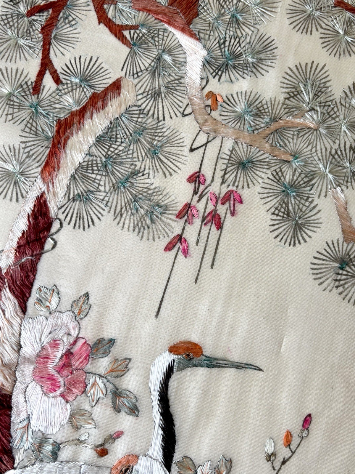 Antique Chinese Silk Embroidery Panel | Hand-Stitched Crane & Pine | 22” Textile