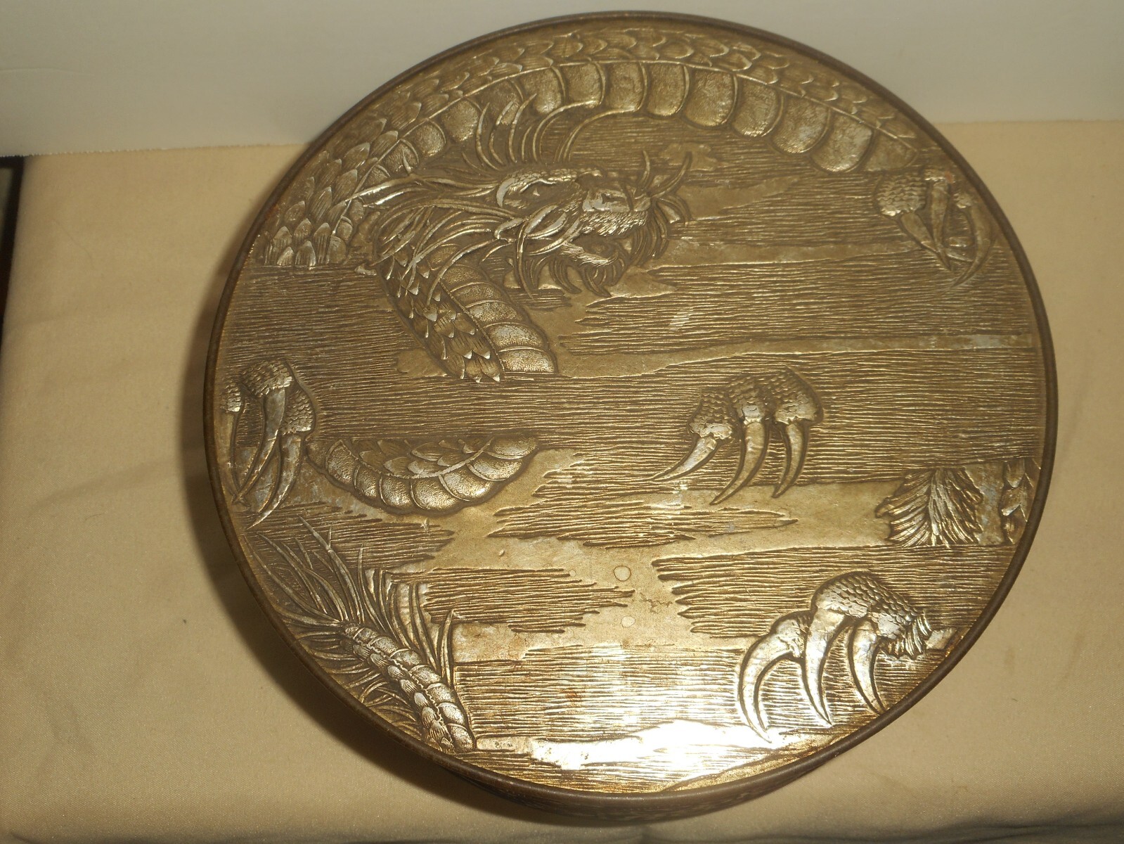 Vintage CHINESE DRAGON Silver Metal Repousse Tin Box Top Cinnabar Style Wrapper