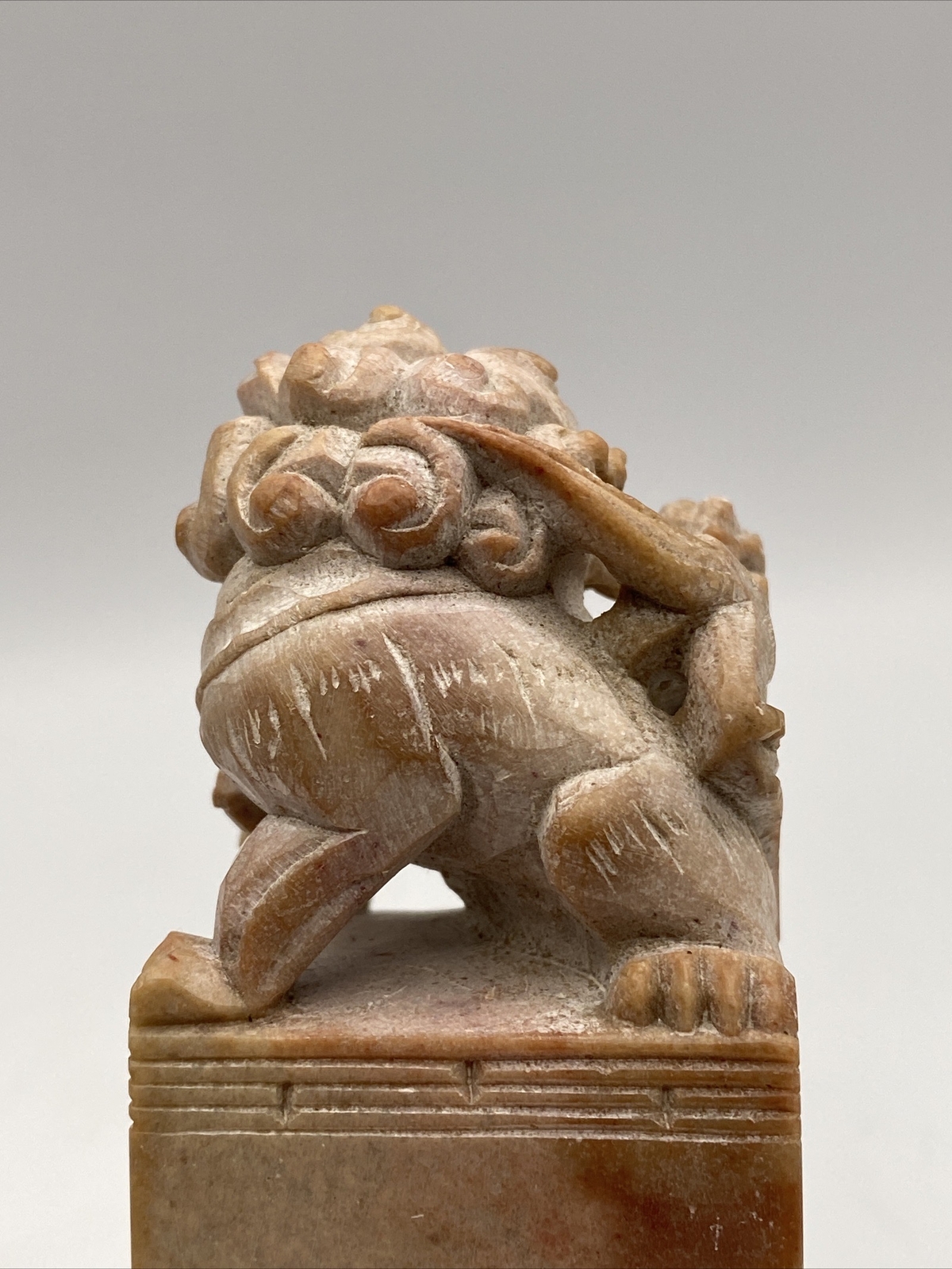 Vintage Carved Chinese Soapstone Seal Foo Dog Lion 1.5”sq x 4.5” Tall