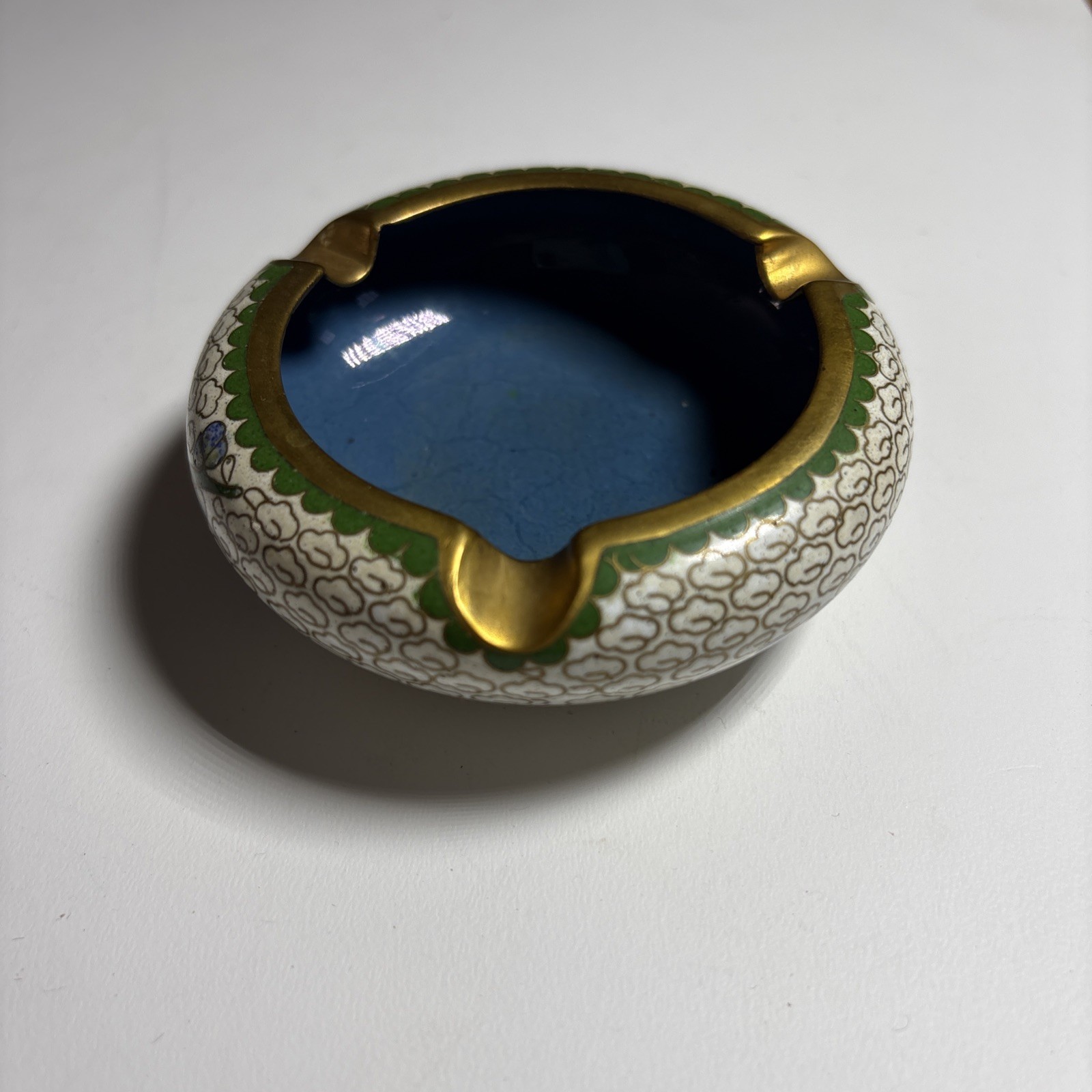 Chinese Asian Floral Cloisonné Enamel Brass Ashtray Blue Green Gold Vintage