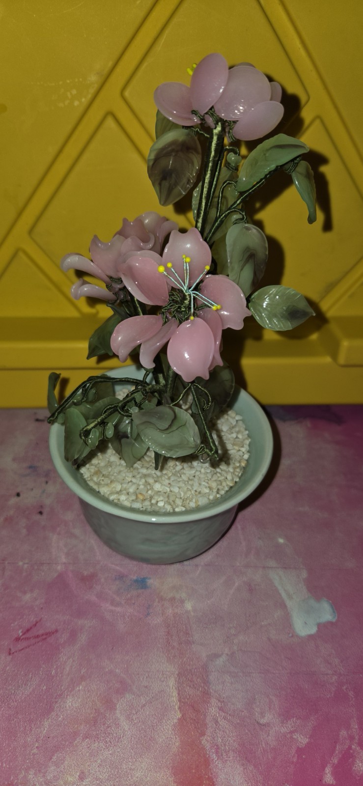 Vintage Chinese Jade & Glass Bonsai Tree Pink Flowers