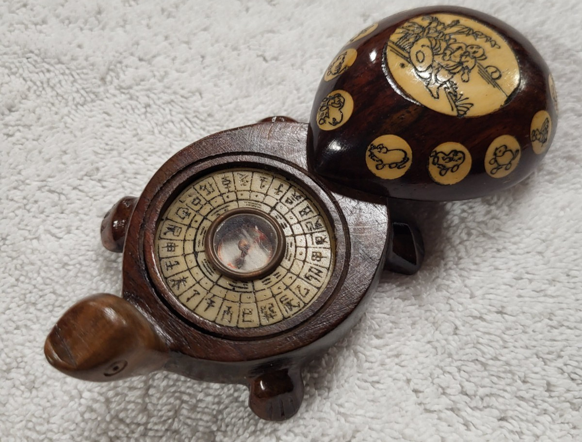Vintage Carved Wood Turtle with Inlaid Chinese Zodiac Signs Opens to Compass