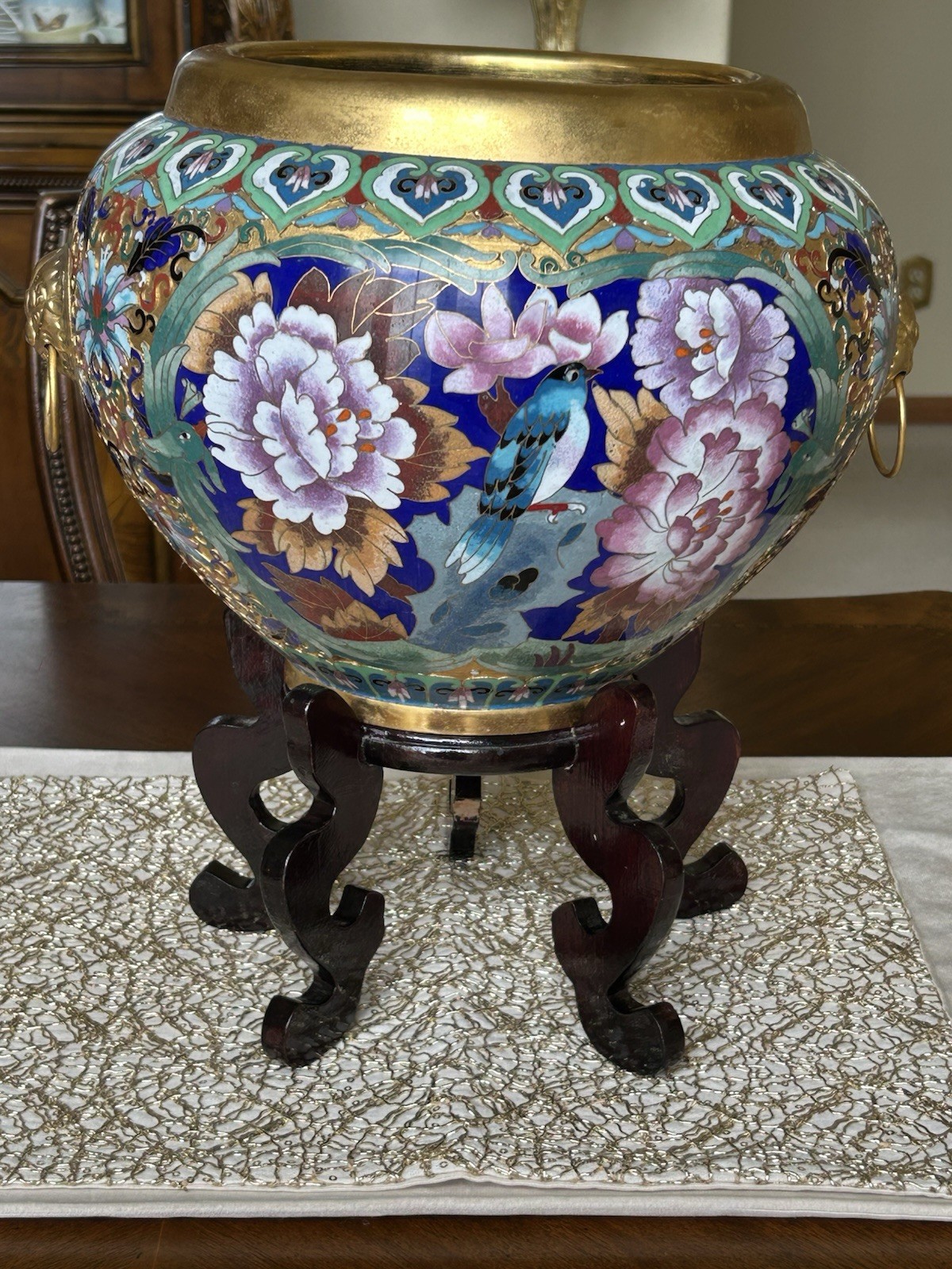 Chinese Cloisonné Planter Flower Pot Peonies Birds Lion Head Accent Brass