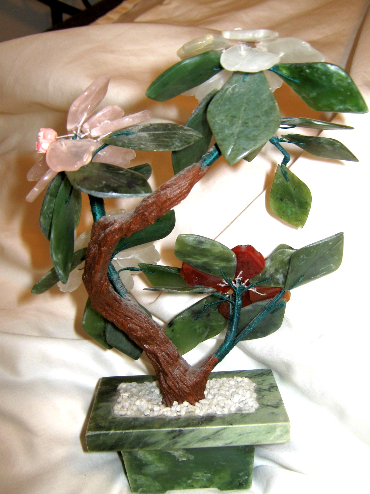 Chinese Jade Floral arrangement, Bonsai Tree, stone flowers & pot approx. 9″x6″