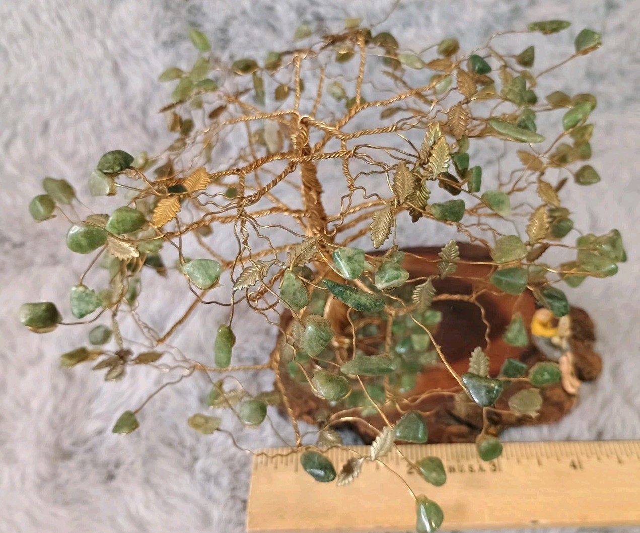 Vintage Bonsai Aventurine Tree Wooden Base Copper Wire Tree With Fisherman