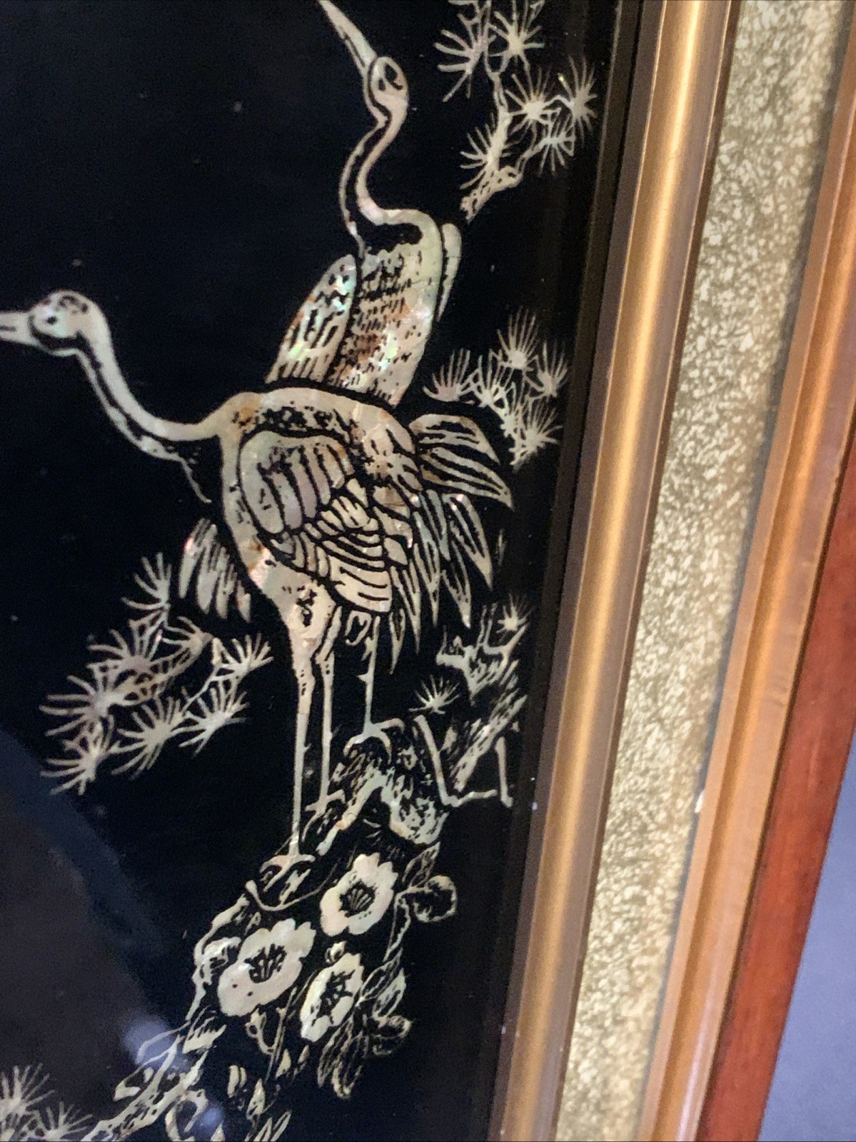 Vtg Asian Crane Birds Mother of Pearl & Abalone Shell Art Wood Framed 14.5”x8.75