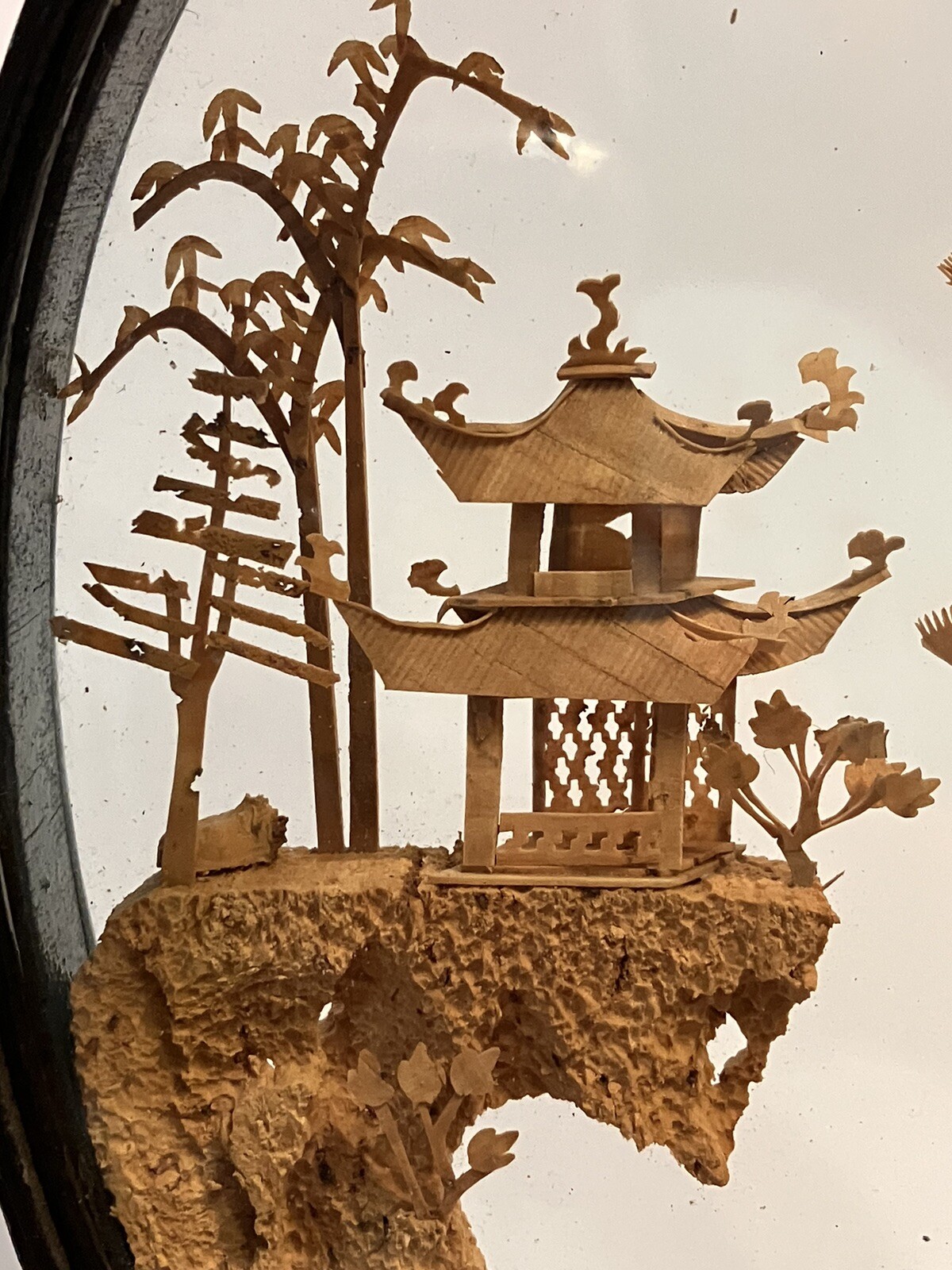 Vintage Chinese Cork Carving Diorama Set Of 2 Lot Cranes Pagoda Lacquered Wood