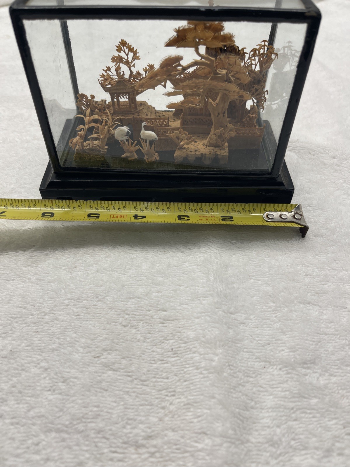 Vintage Small Chinese Hand Carved Cork Art w/ Storks & Pagoda Scene 3D Diorama