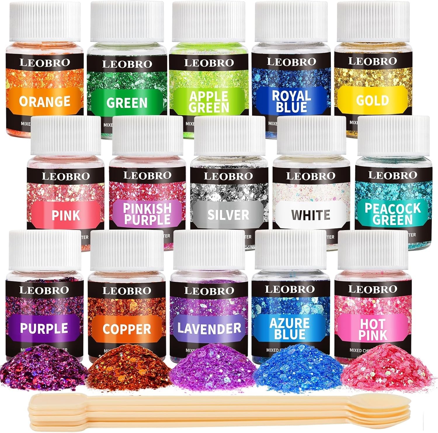 LEOBRO Glitter, Holographic Chunky Glitter, 15 Colors Craft Glitter for Resin, w