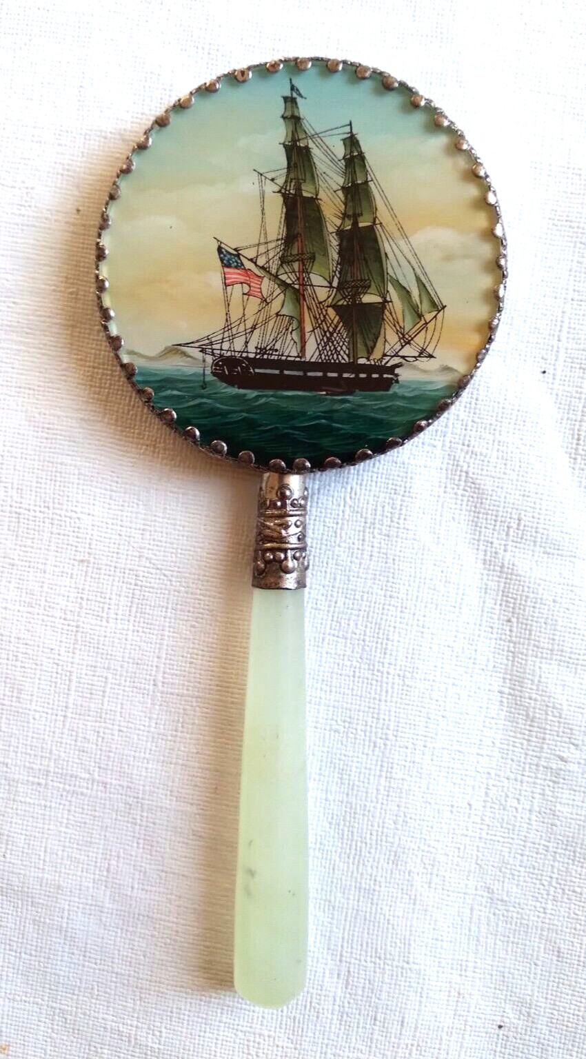 Vintage Chinese Silver Jade Handled Tall Mast Sailing Ship Portrait Hand Mirror